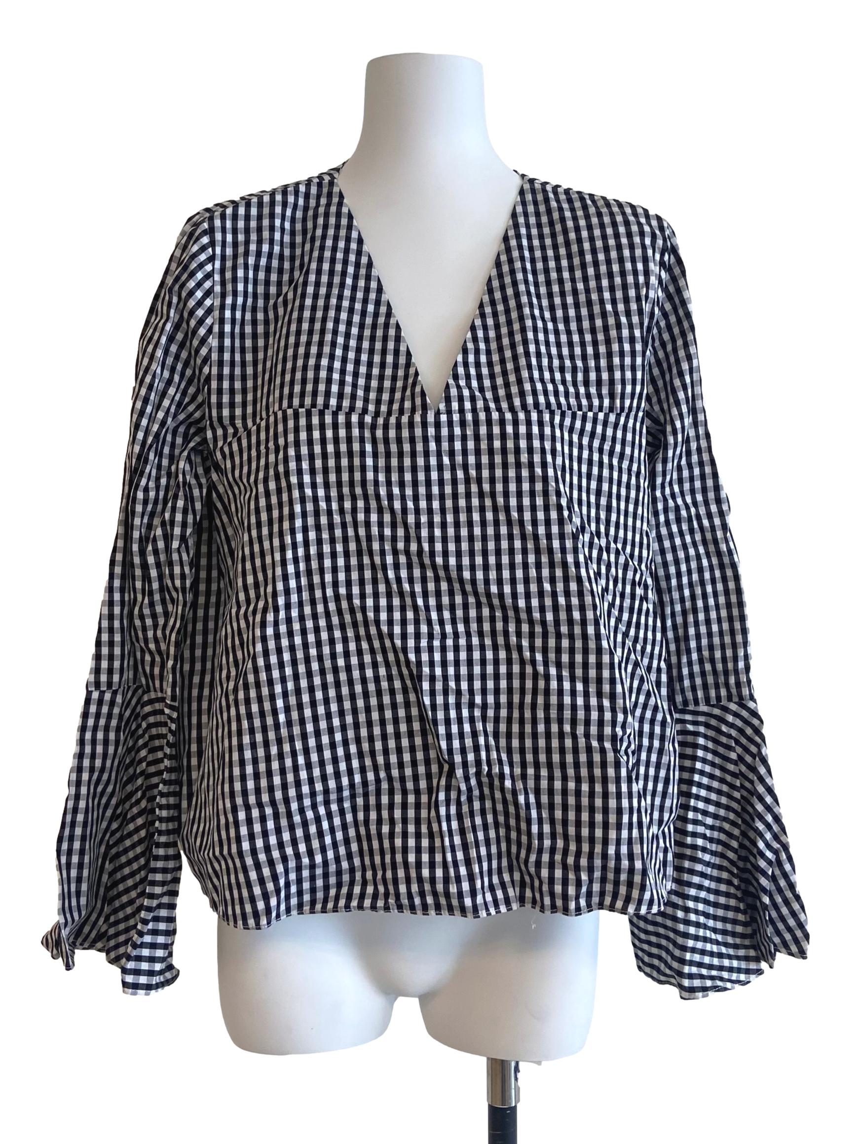 Black & White Plaid V Neck Blouse