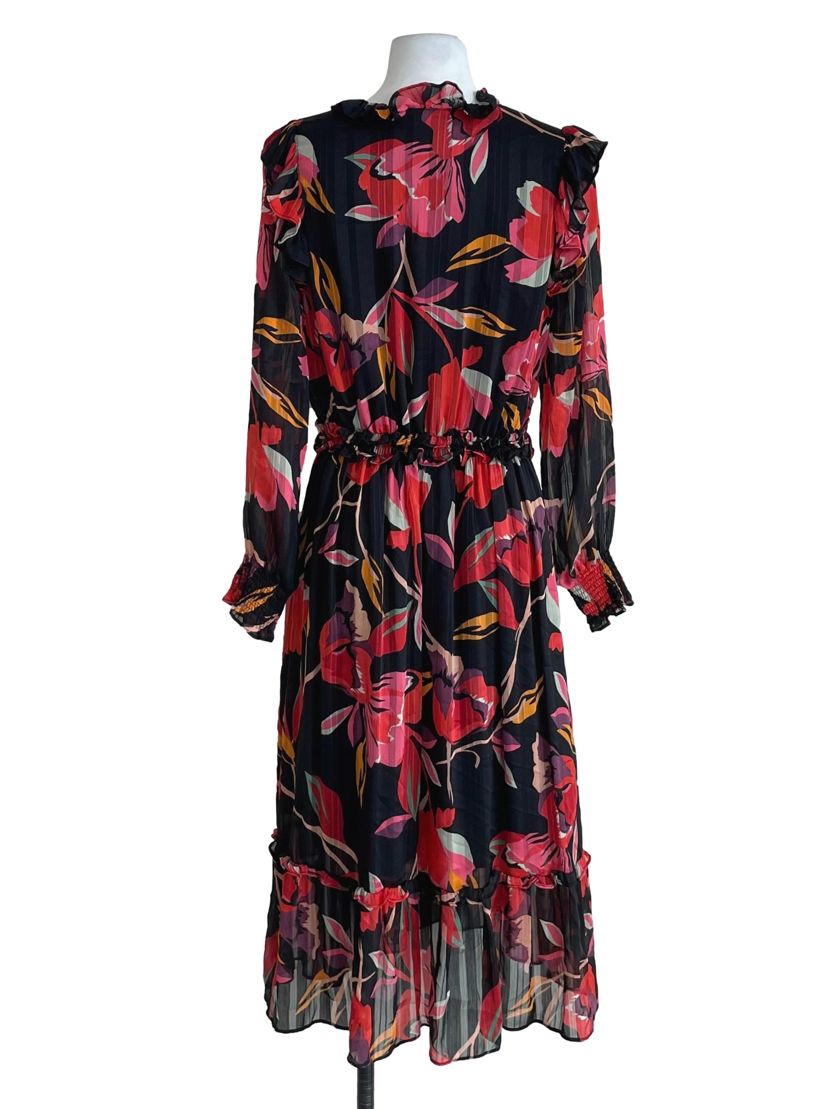 Black And Red Floral Ruffles Shirred Dress