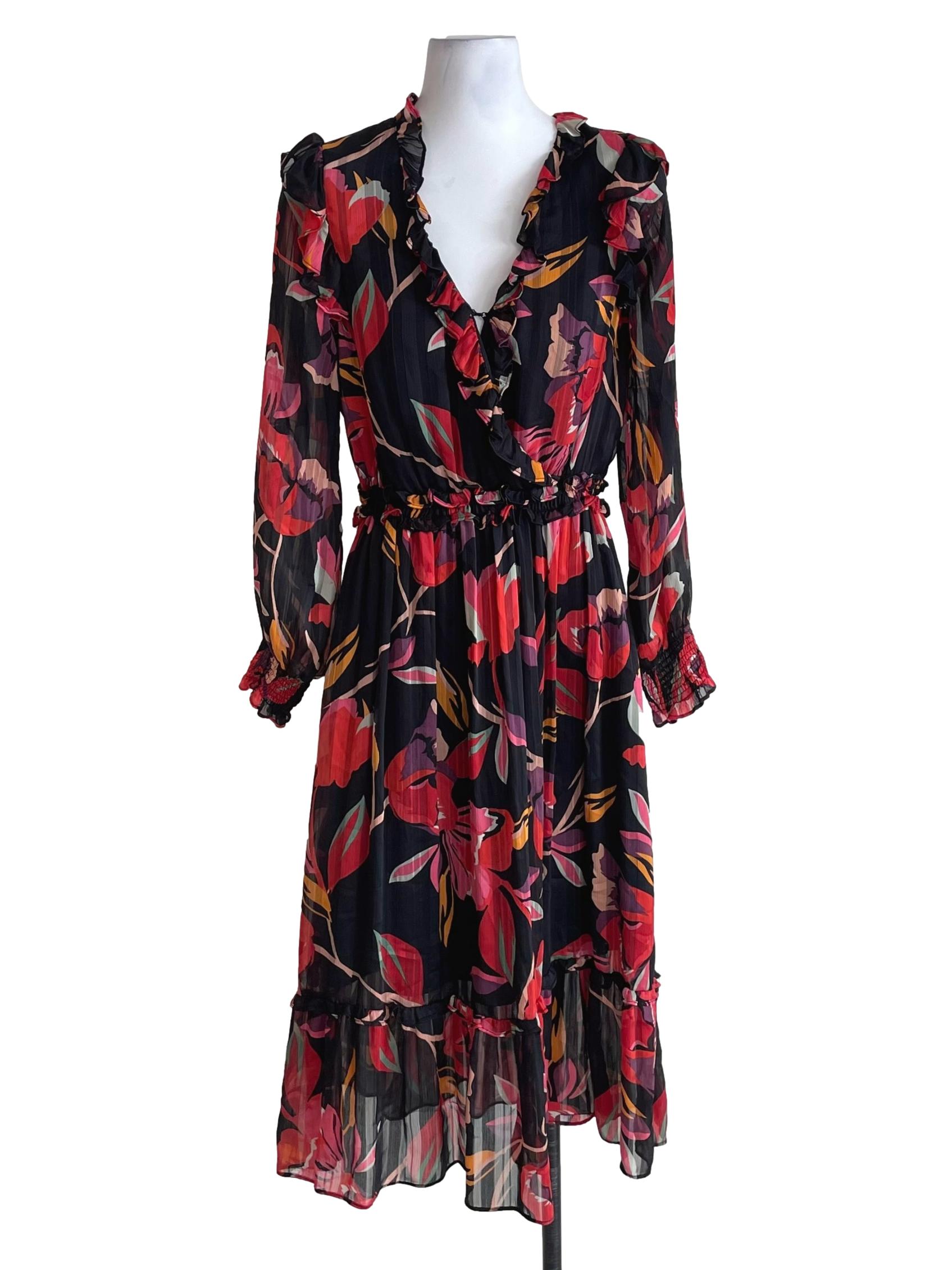 Black And Red Floral Ruffles Shirred Dress
