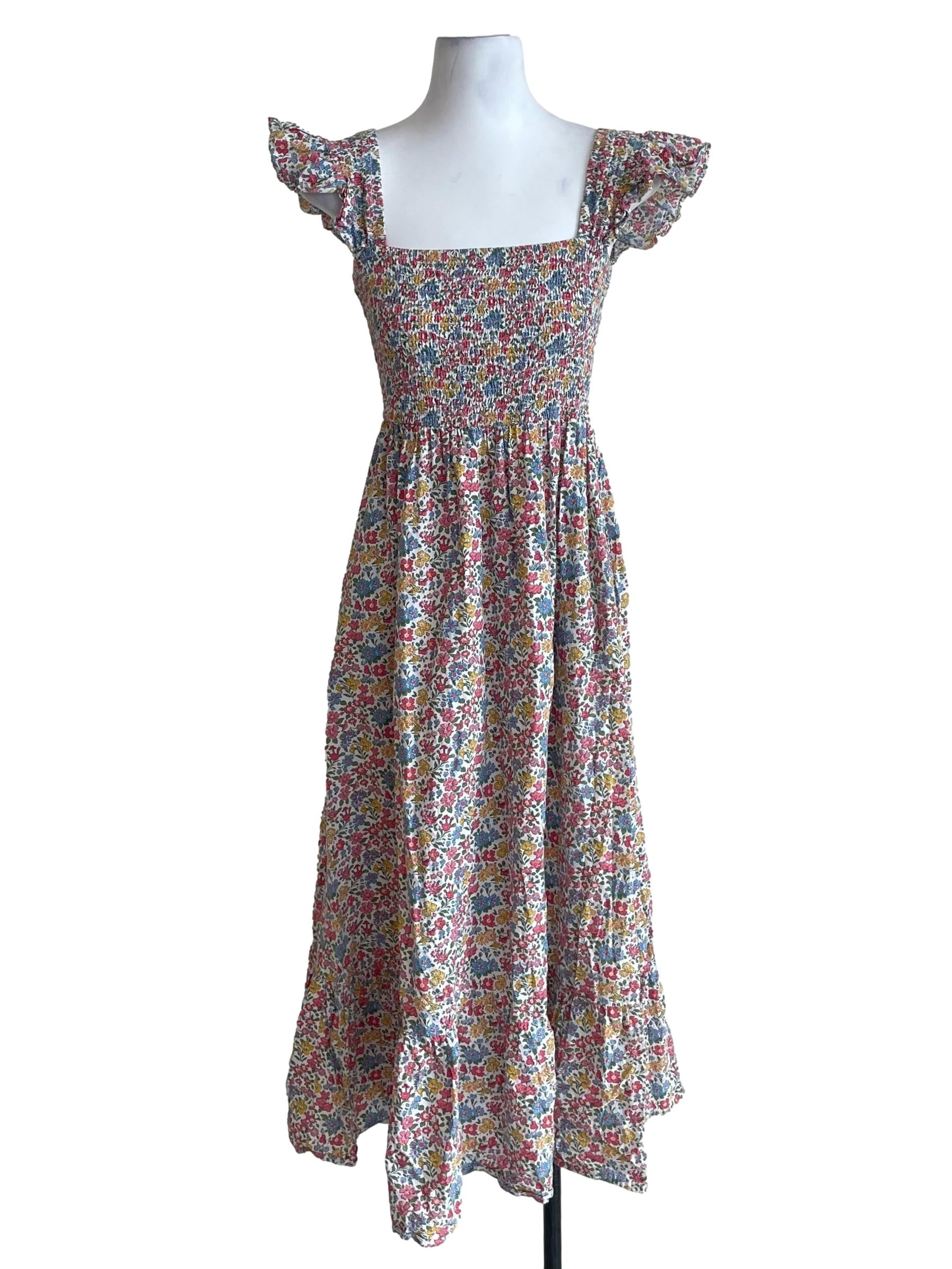 White Floral Shirred Bouffont Dress