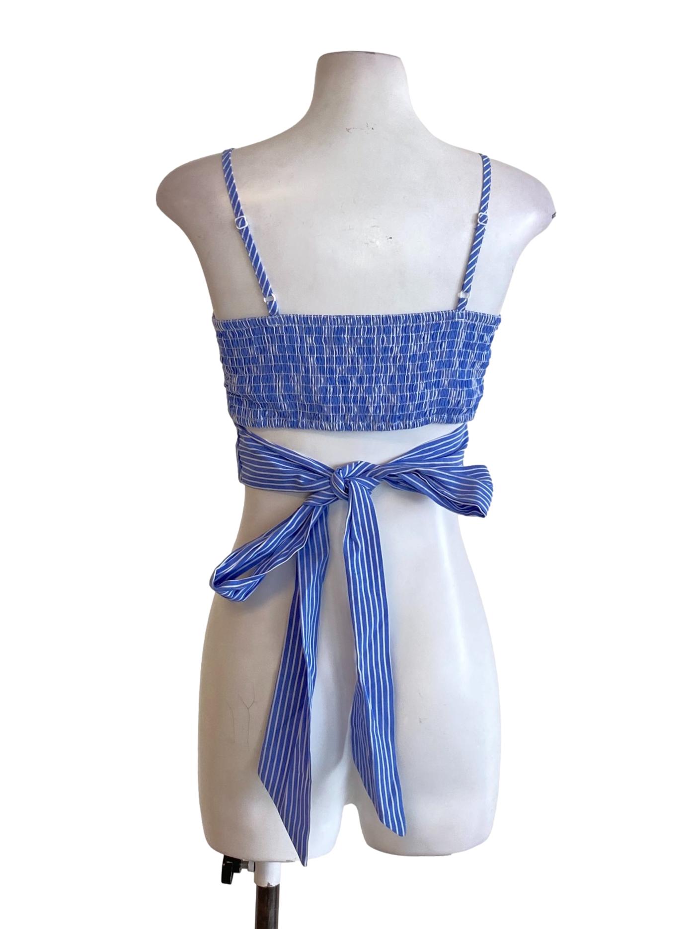 Azure Blue Stripes Spaghetti Strap Tie Back Cropped Top