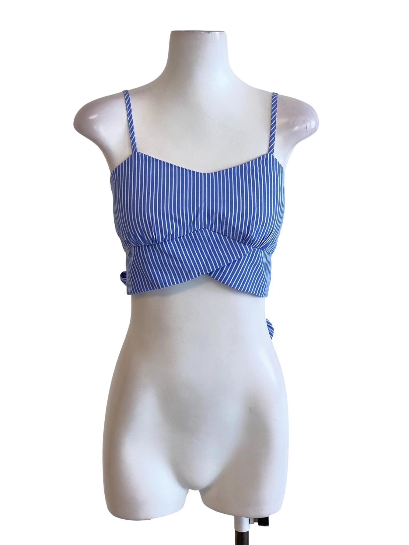 Azure Blue Stripes Spaghetti Strap Tie Back Cropped Top