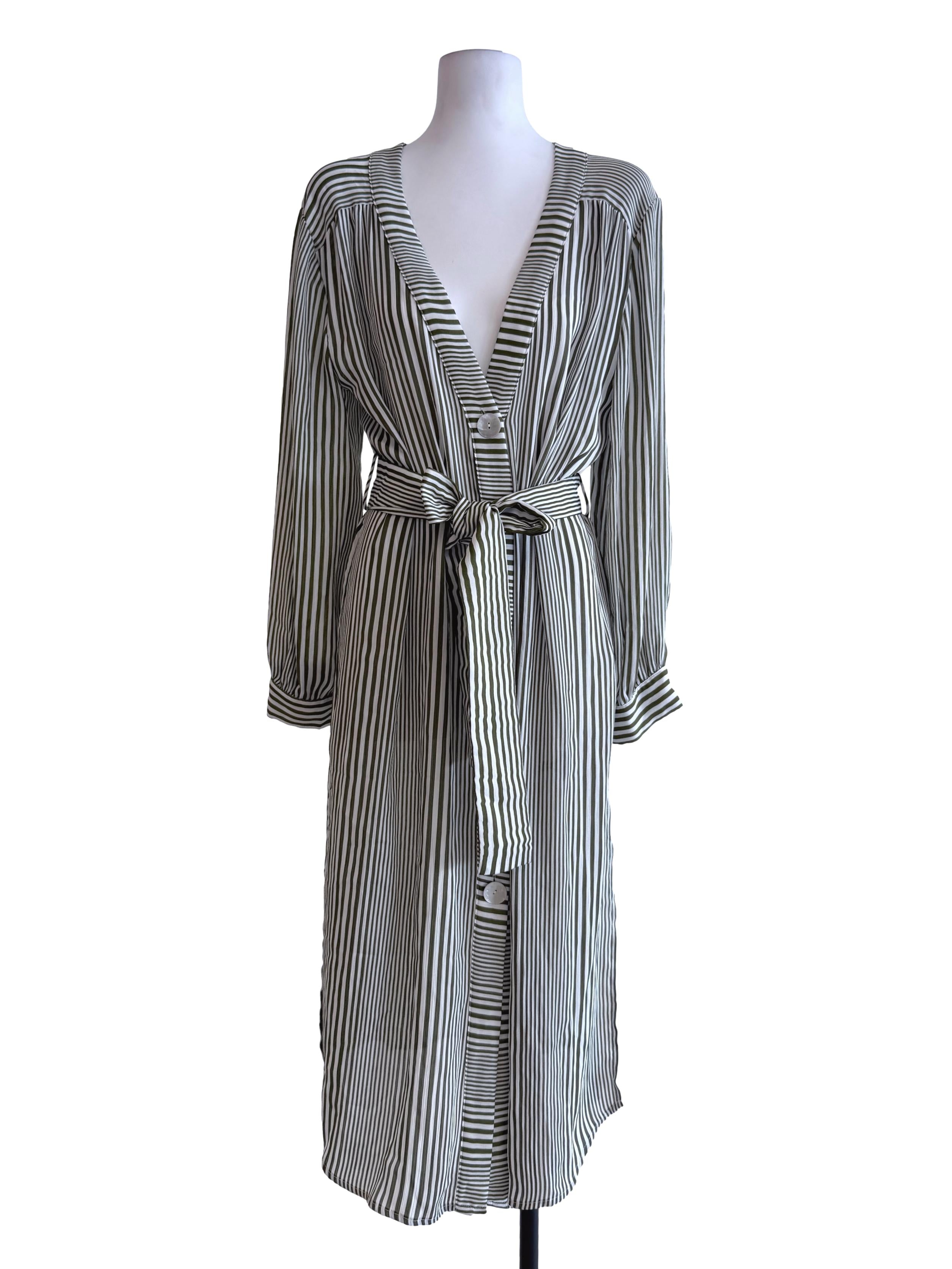 Green Strips Sheer Long Sleeve Dress