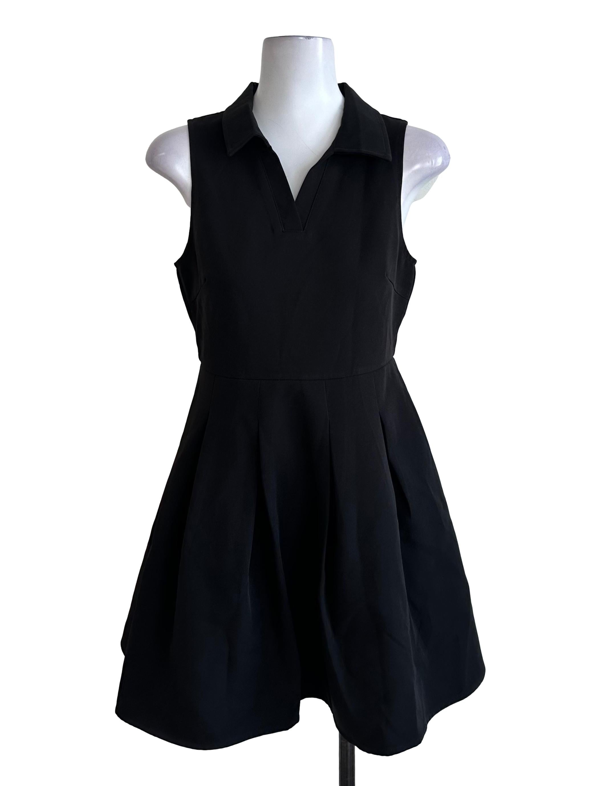 Rich Black Collar Box Pleated  A Line Dress