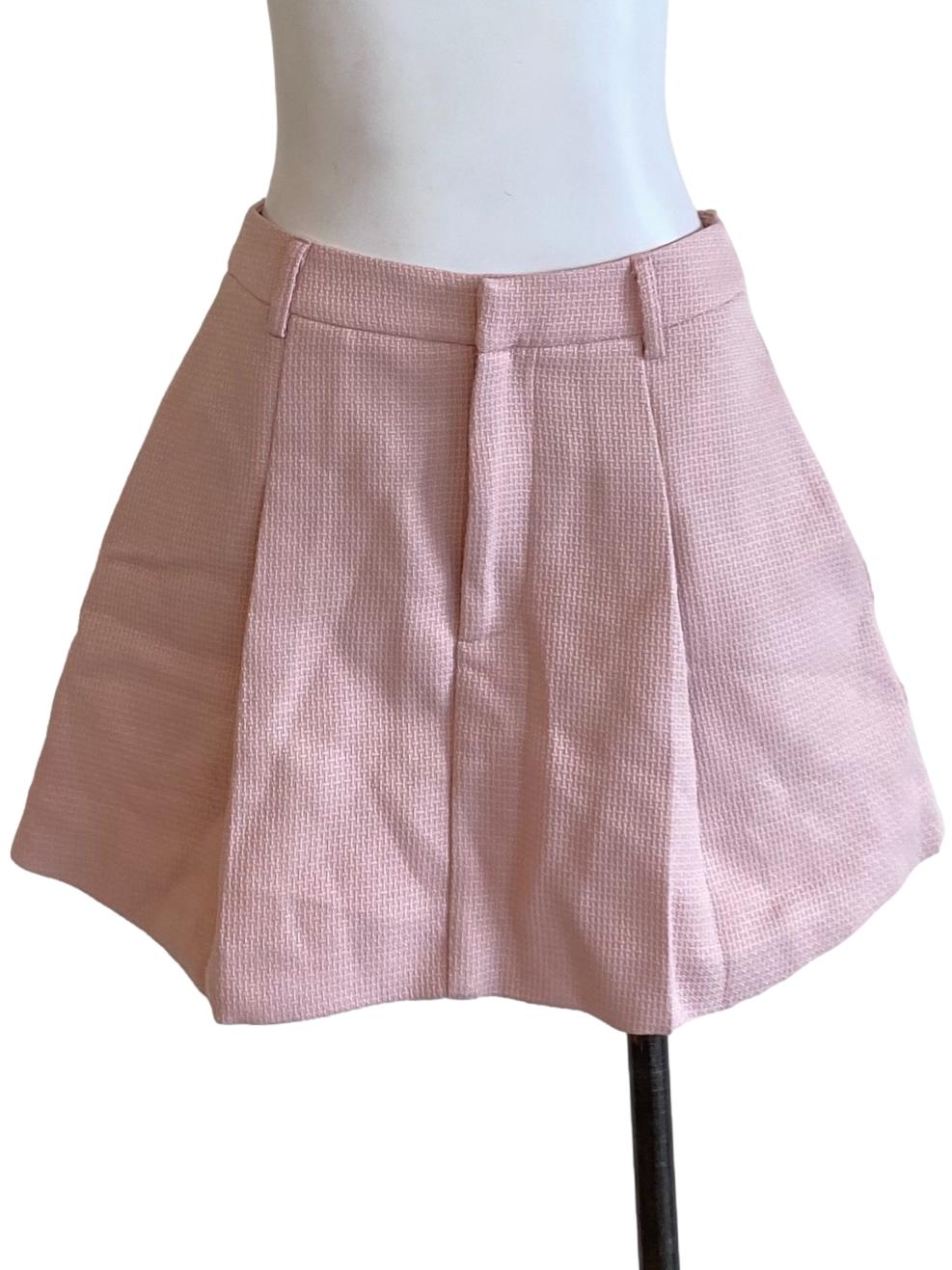 Crepe Pink Buttoned Waist Mini Flared A-Line Skirt