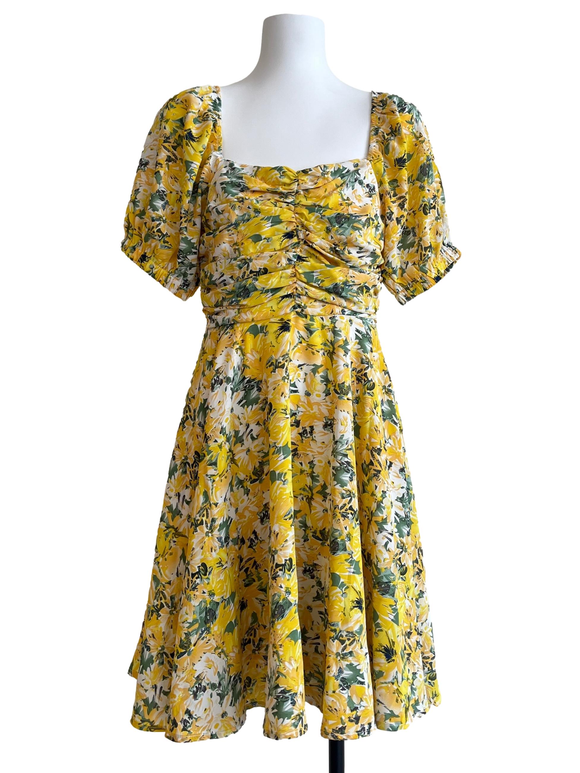 Bumblebee Yellow Puff Sleeve A-Lne Dress