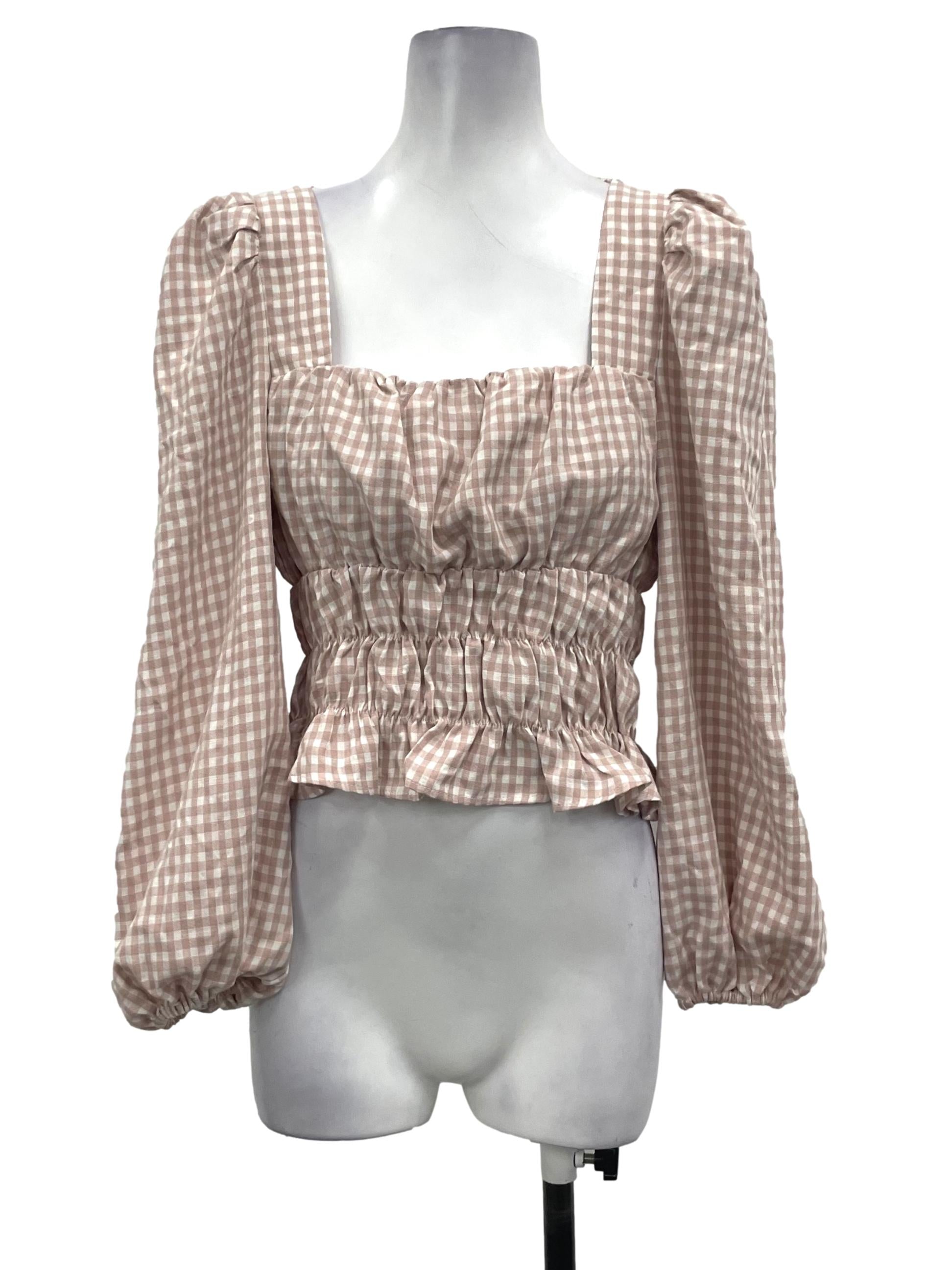 Klarra Pink Checkered Babydoll Smocked Top