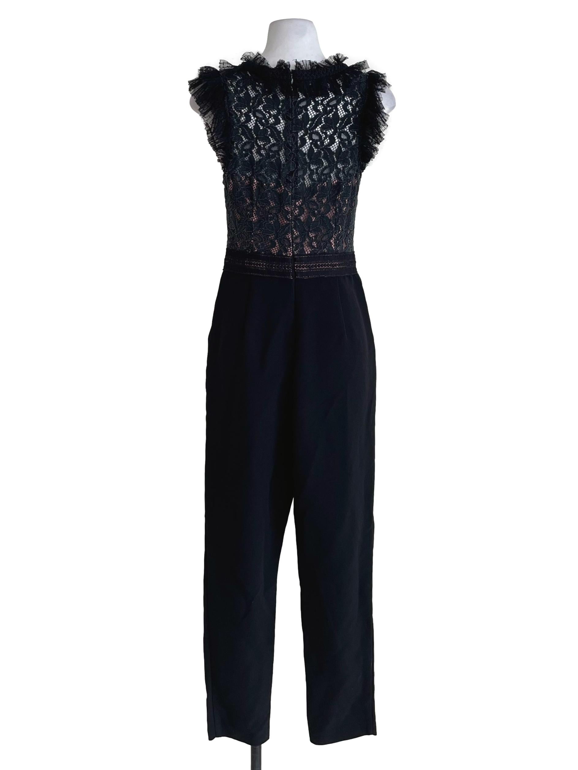 Black Mesh Ruffles V Neck Jumpsuit