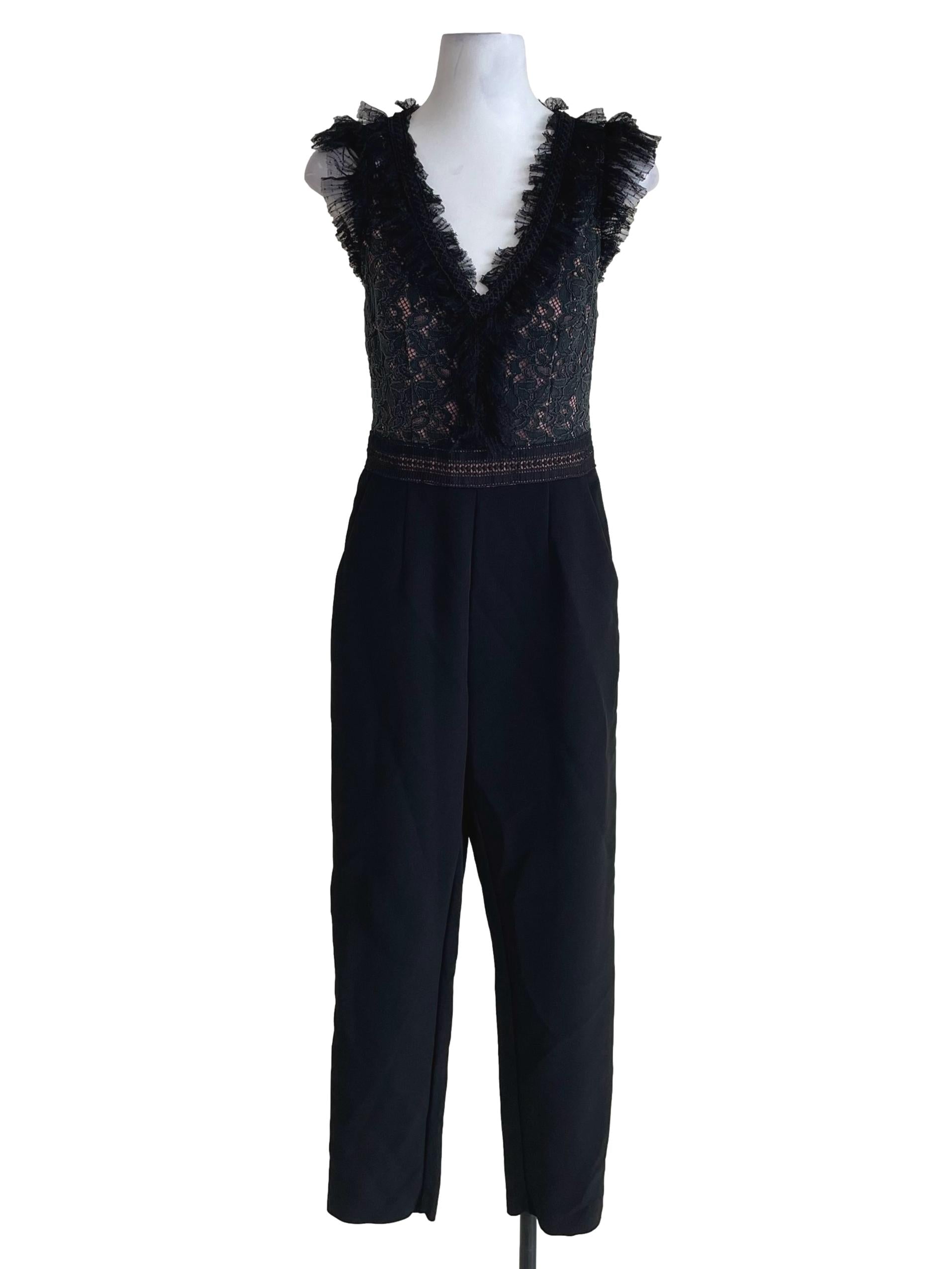 Black Mesh Ruffles V Neck Jumpsuit