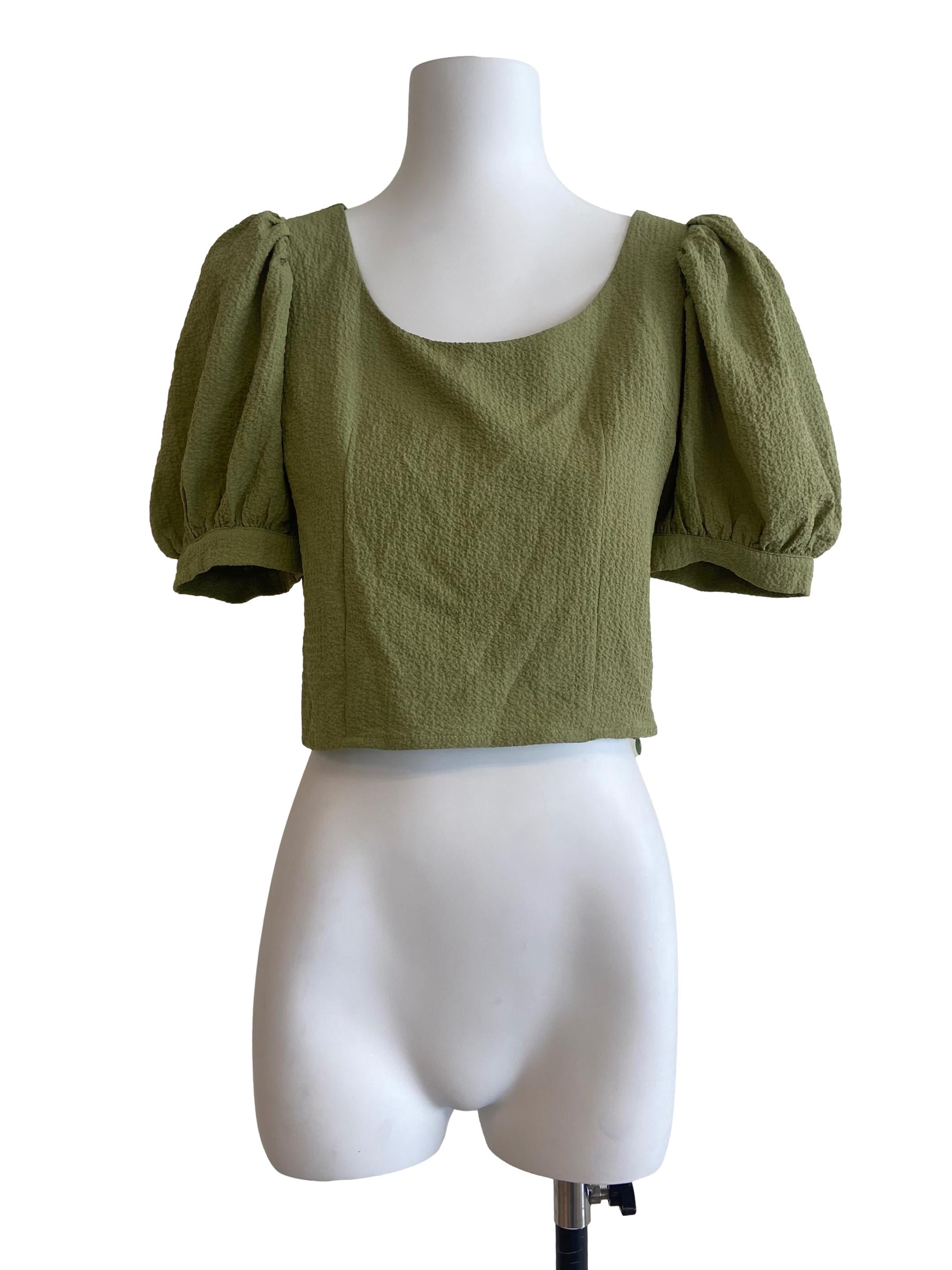 Olive Green Jewel Neck Crop Blouse