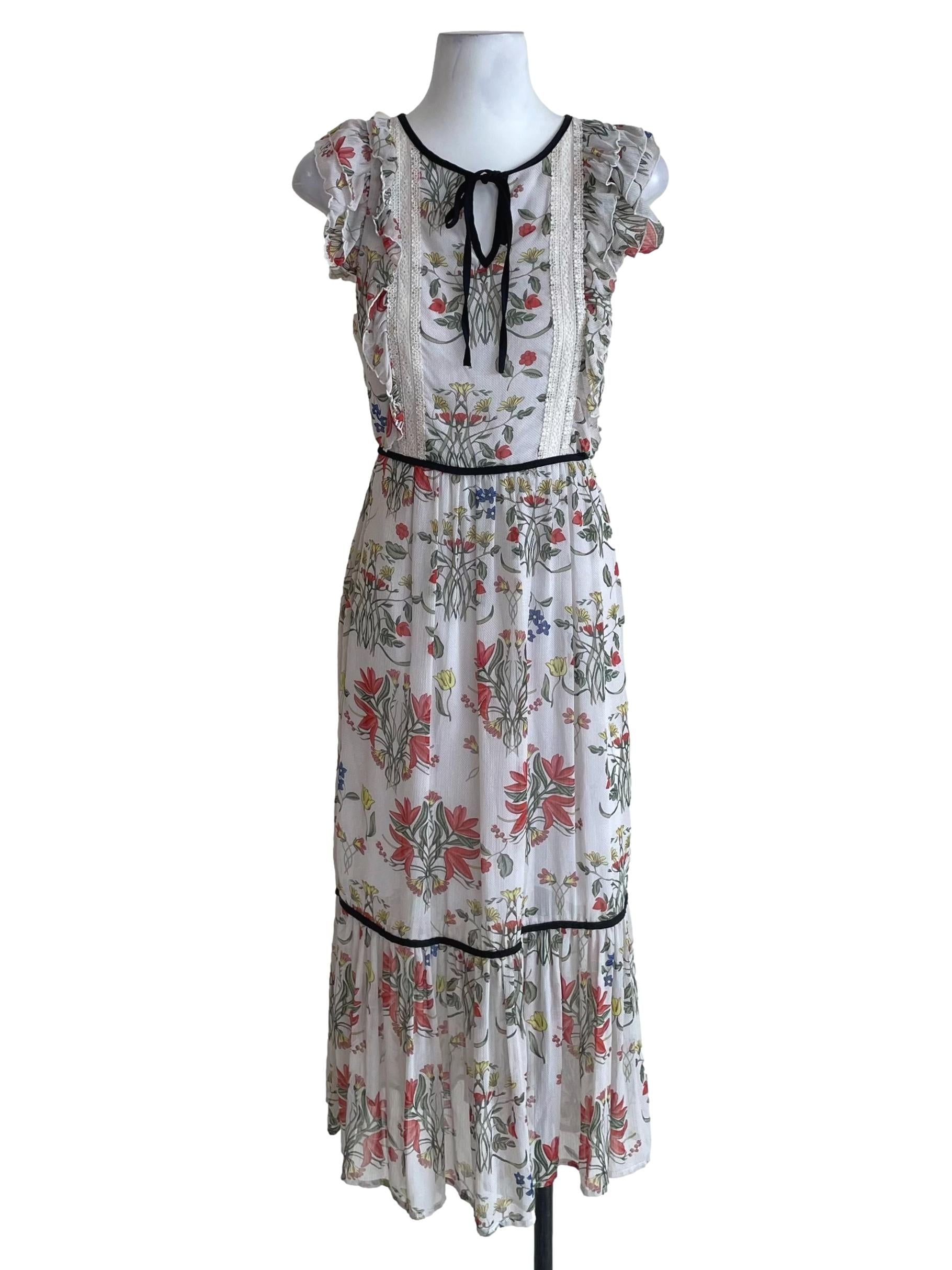 Chiffon White Floral Black Trace Dress