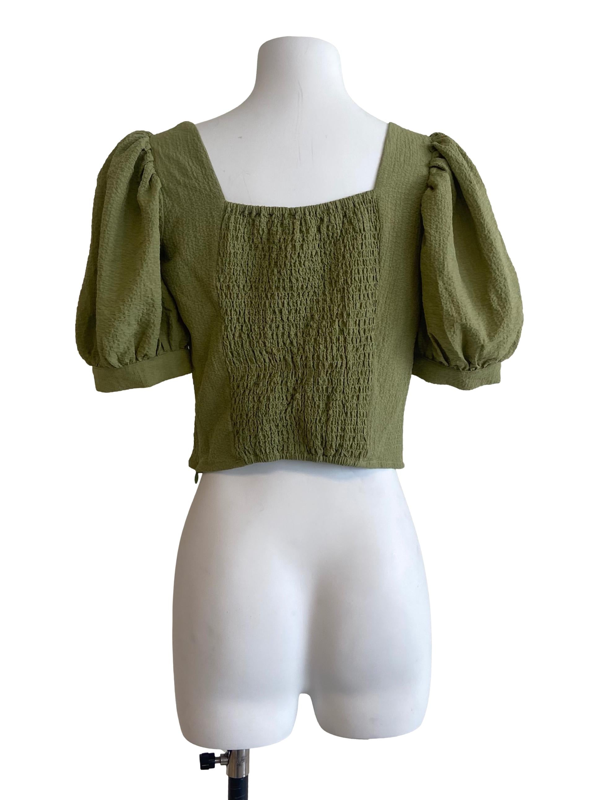 Olive Green Jewel Neck Crop Blouse