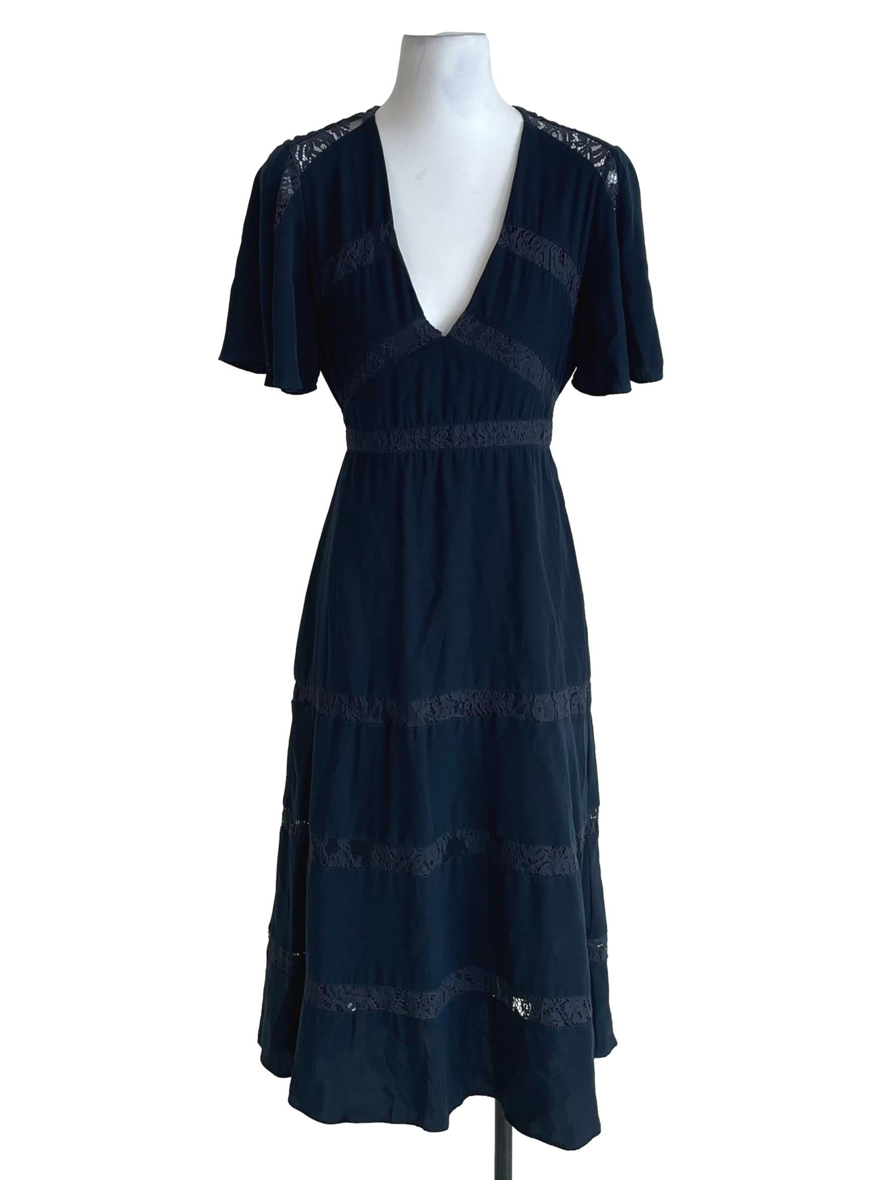 Navy Blue Lace Tiered V Neck Dress