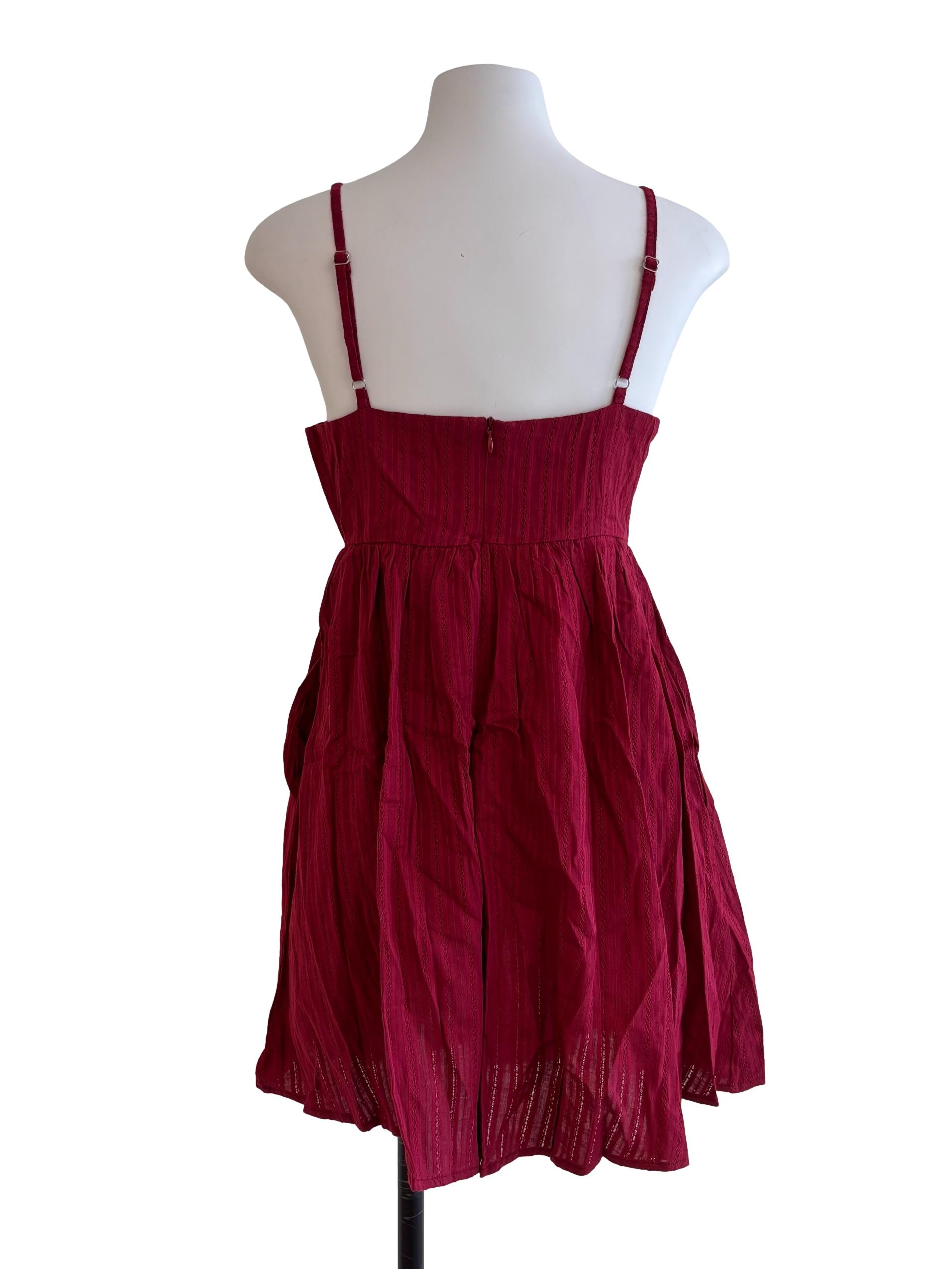 Maroon Red Embroidery Detail Mini Dress