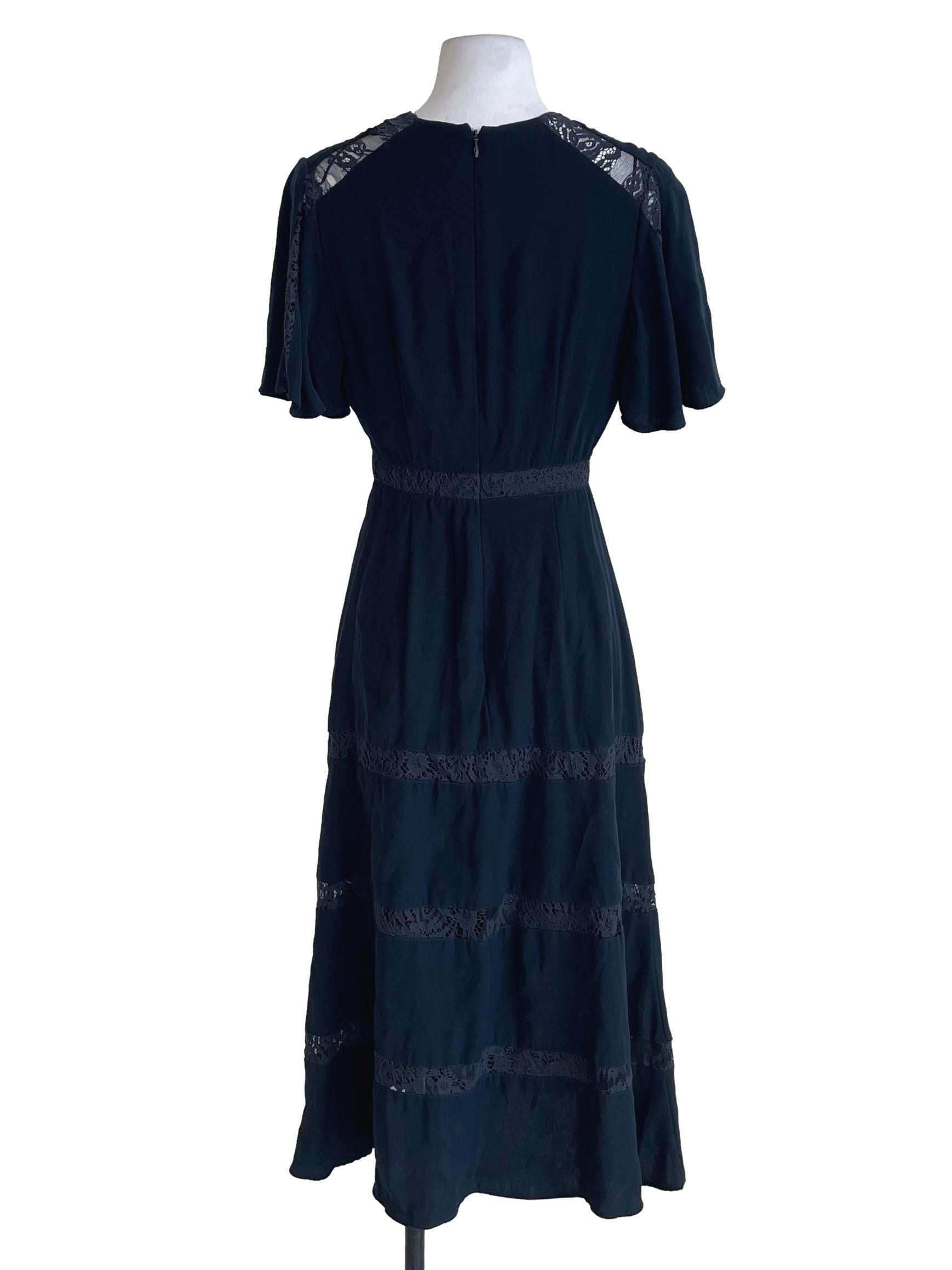 Navy Blue Lace Tiered V Neck Dress