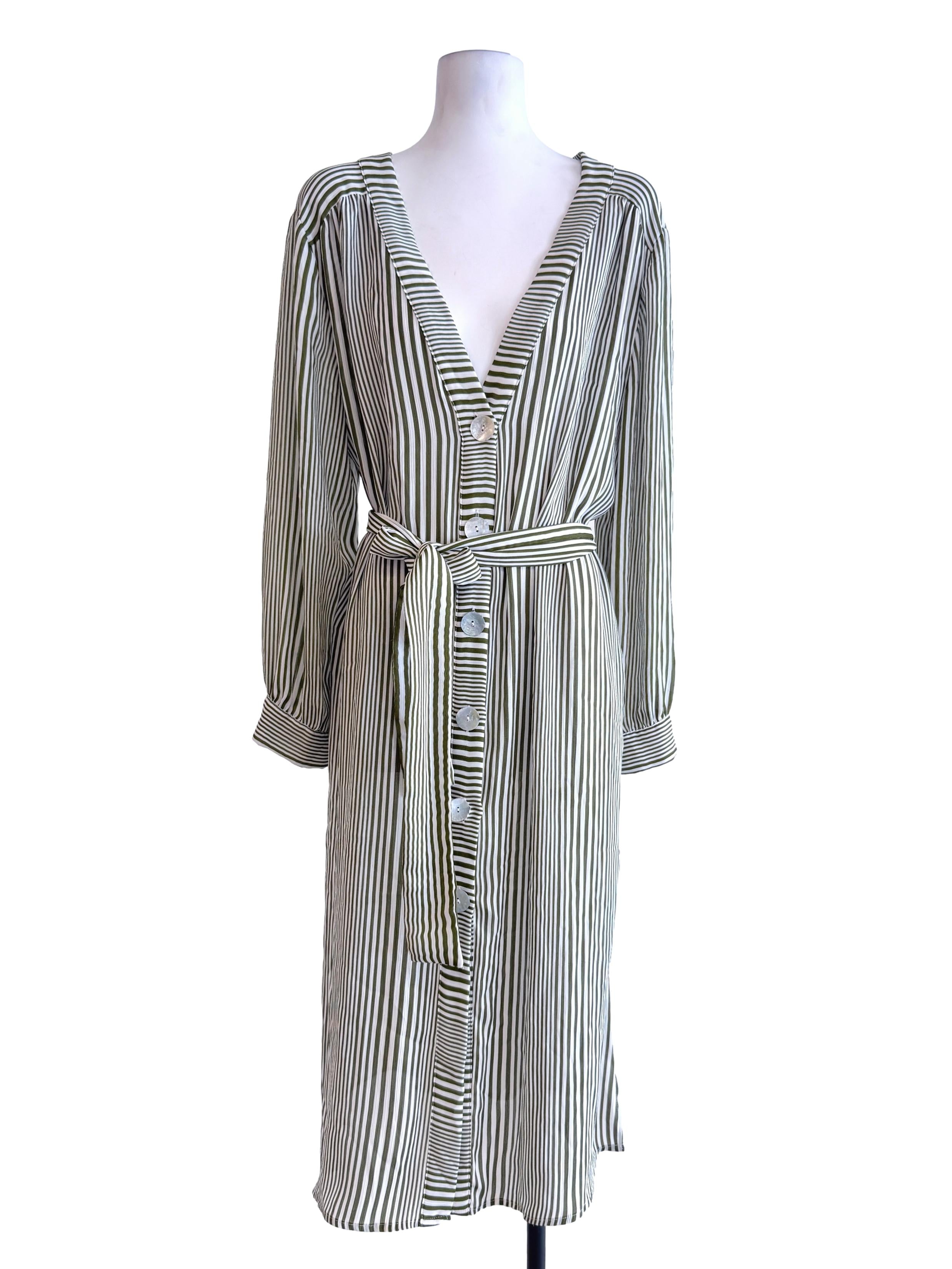 Green Strips Sheer Long Sleeve Dress