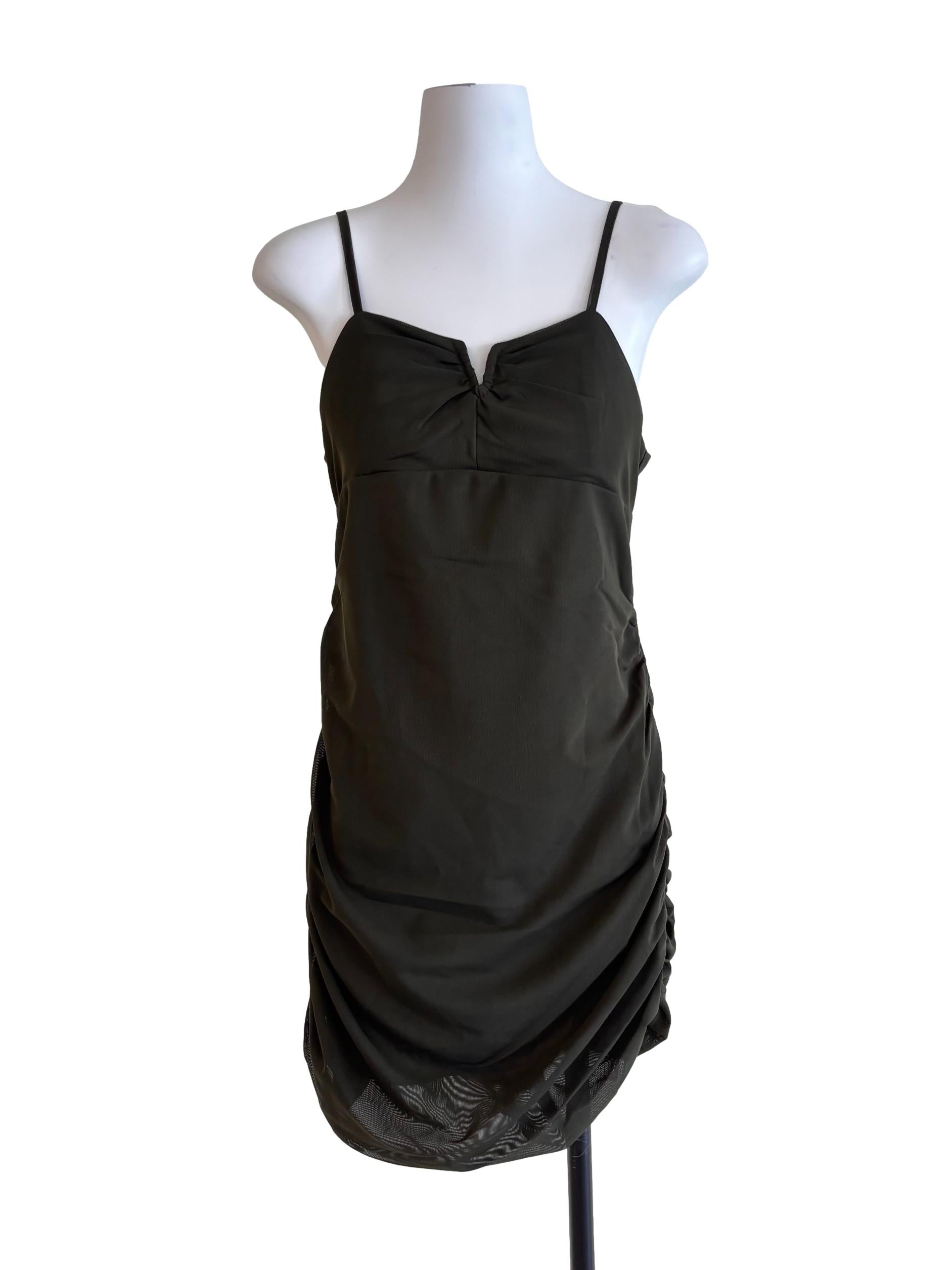 Dark Army Green Draped Mesh Dress