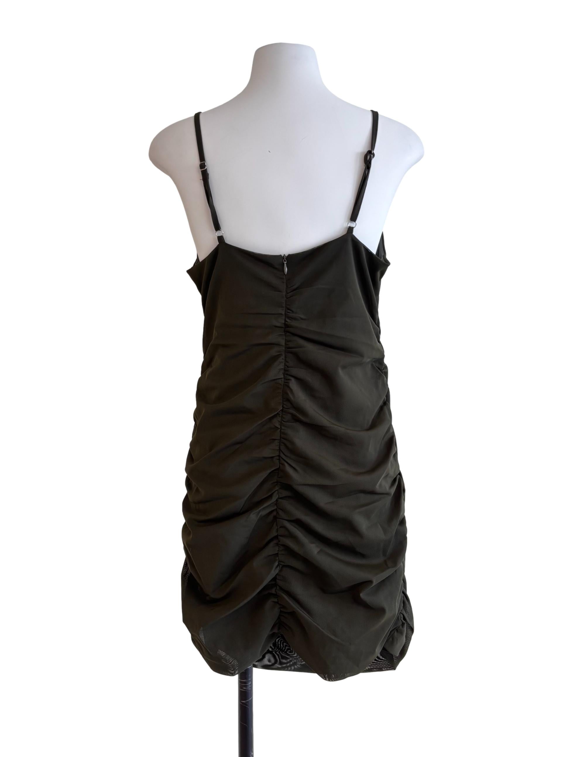 Dark Army Green Draped Mesh Dress
