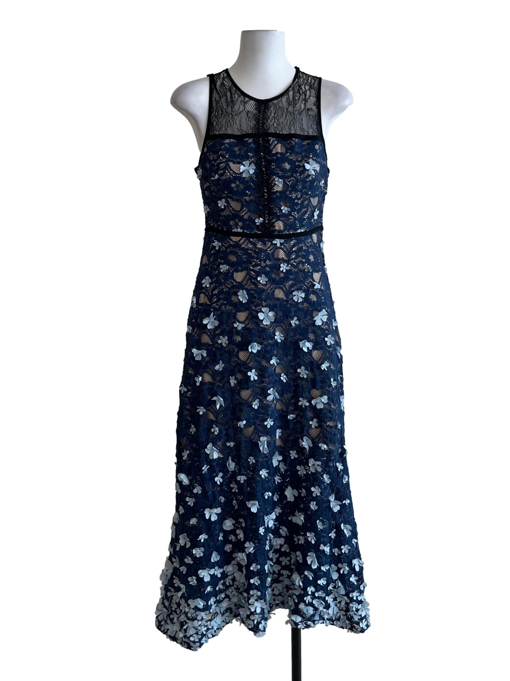 Navy Blue Lace Flower Appliques A-Line Dress