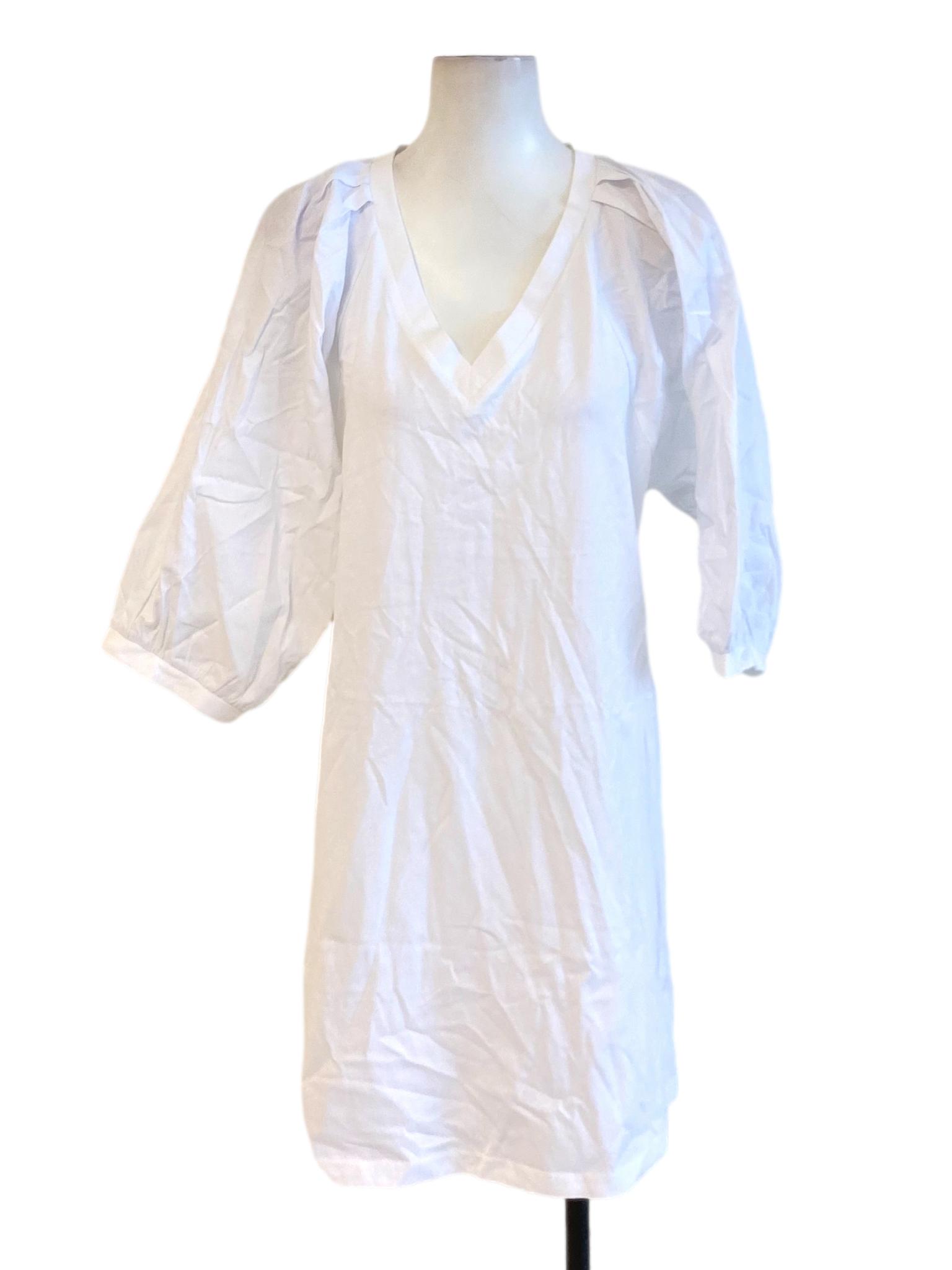True White V-Neck Peasant Loose Shirt Dress