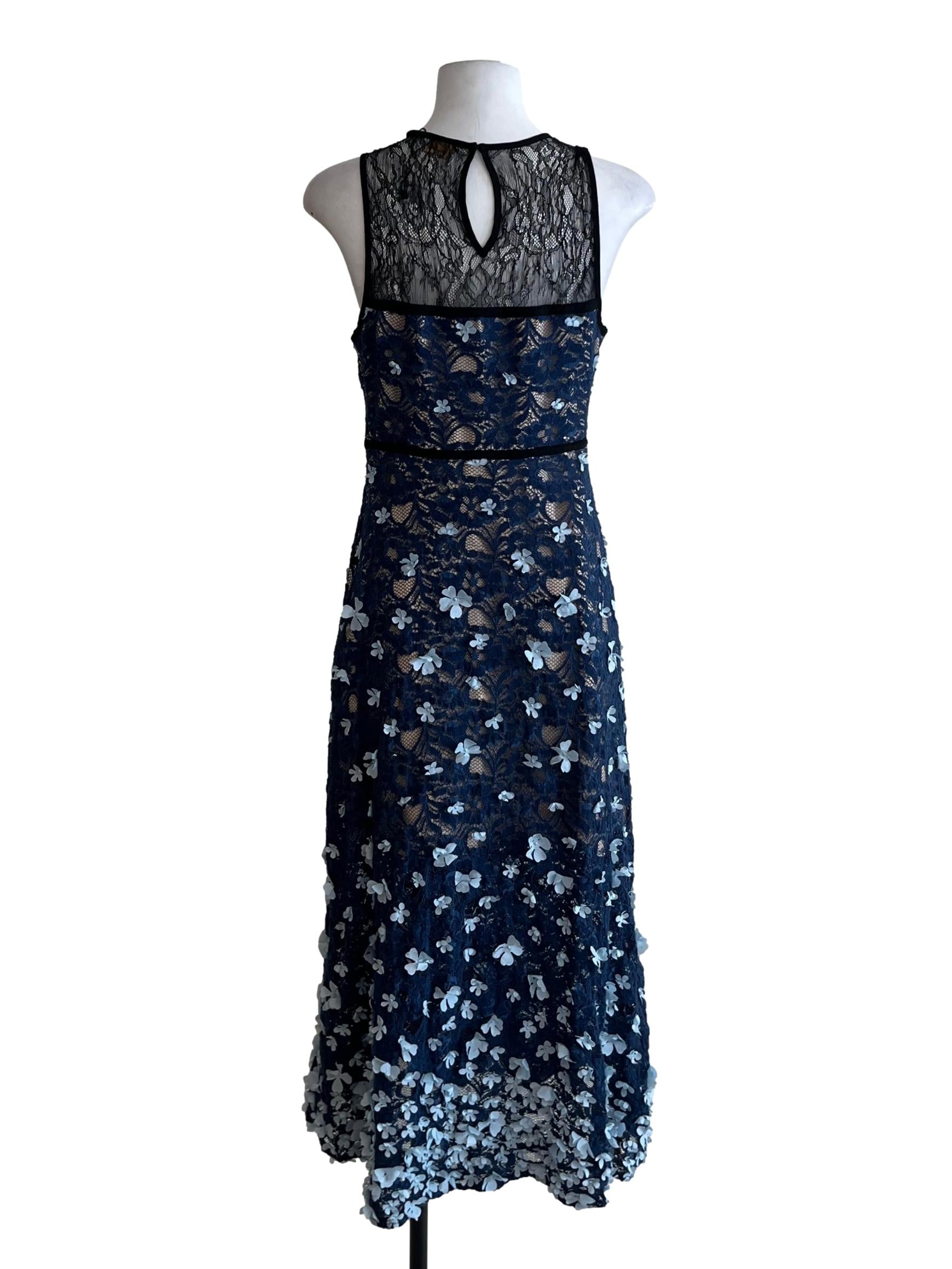 Navy Blue Lace Flower Appliques A-Line Dress