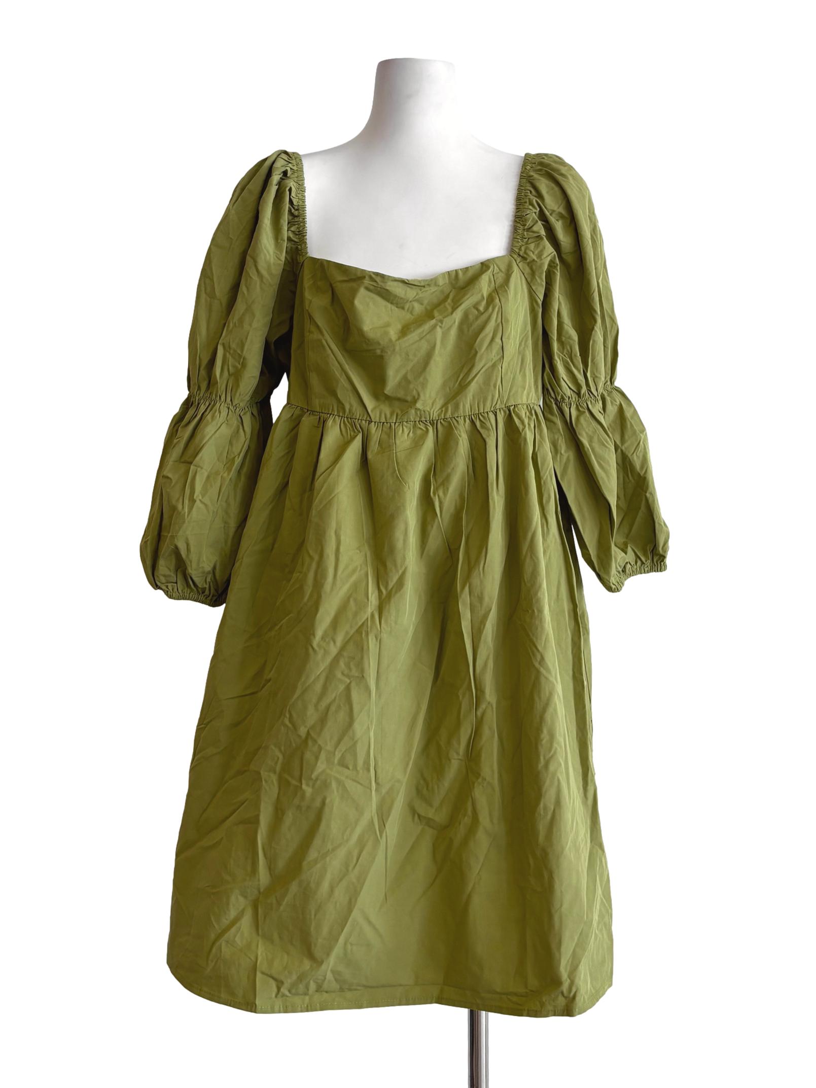 Avocado Green Square Neck Long Sleeve Cotton Dress