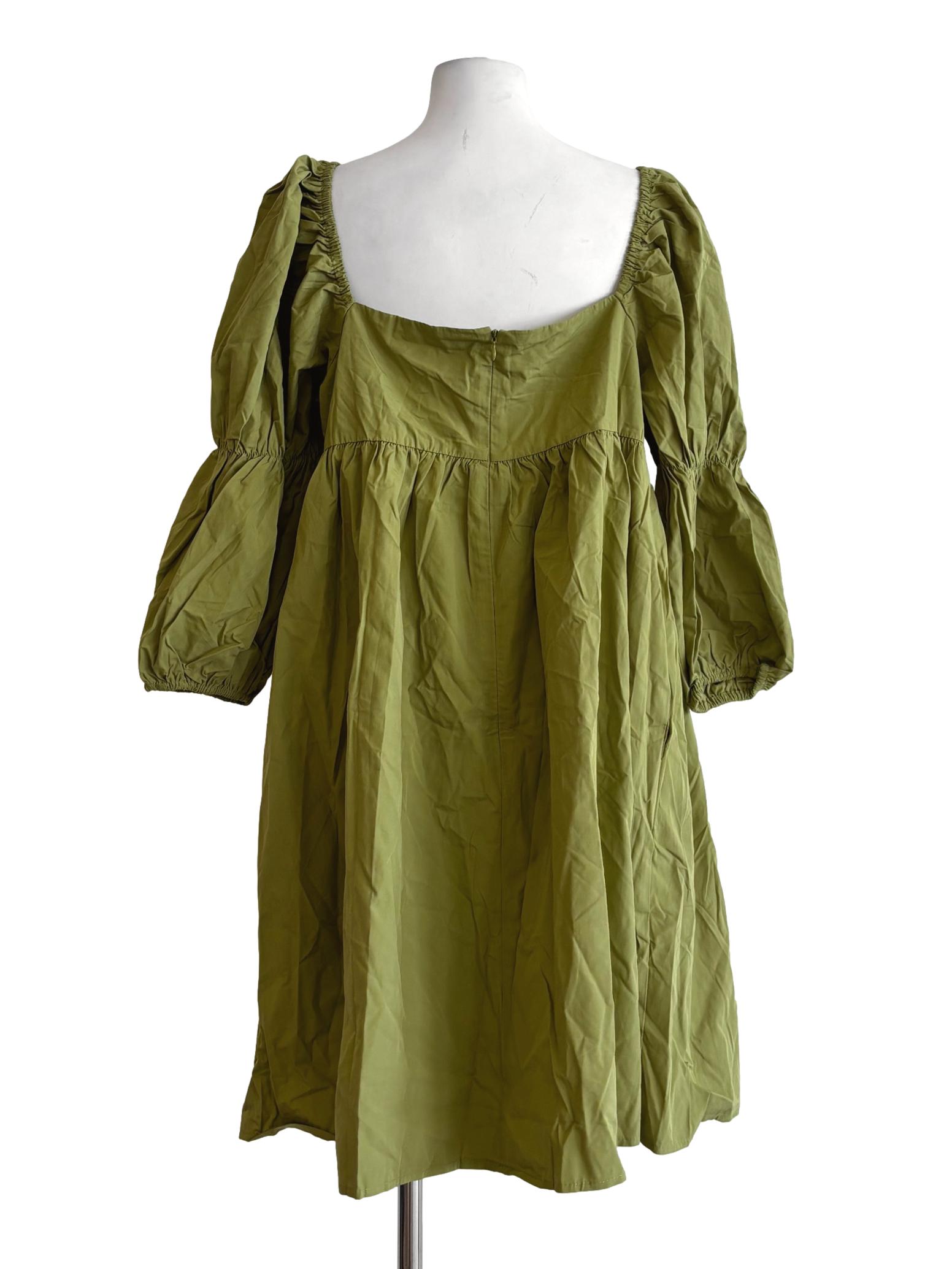 Avocado Green Square Neck Long Sleeve Cotton Dress