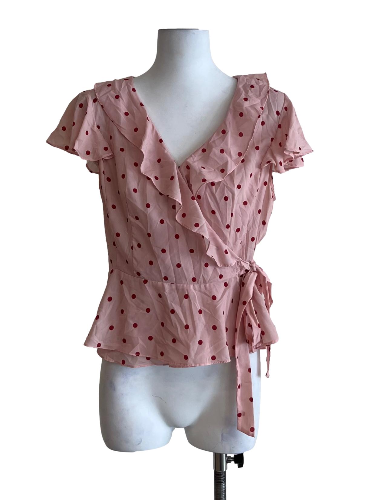 Rose Pink Polka Dot Wrap Blouse