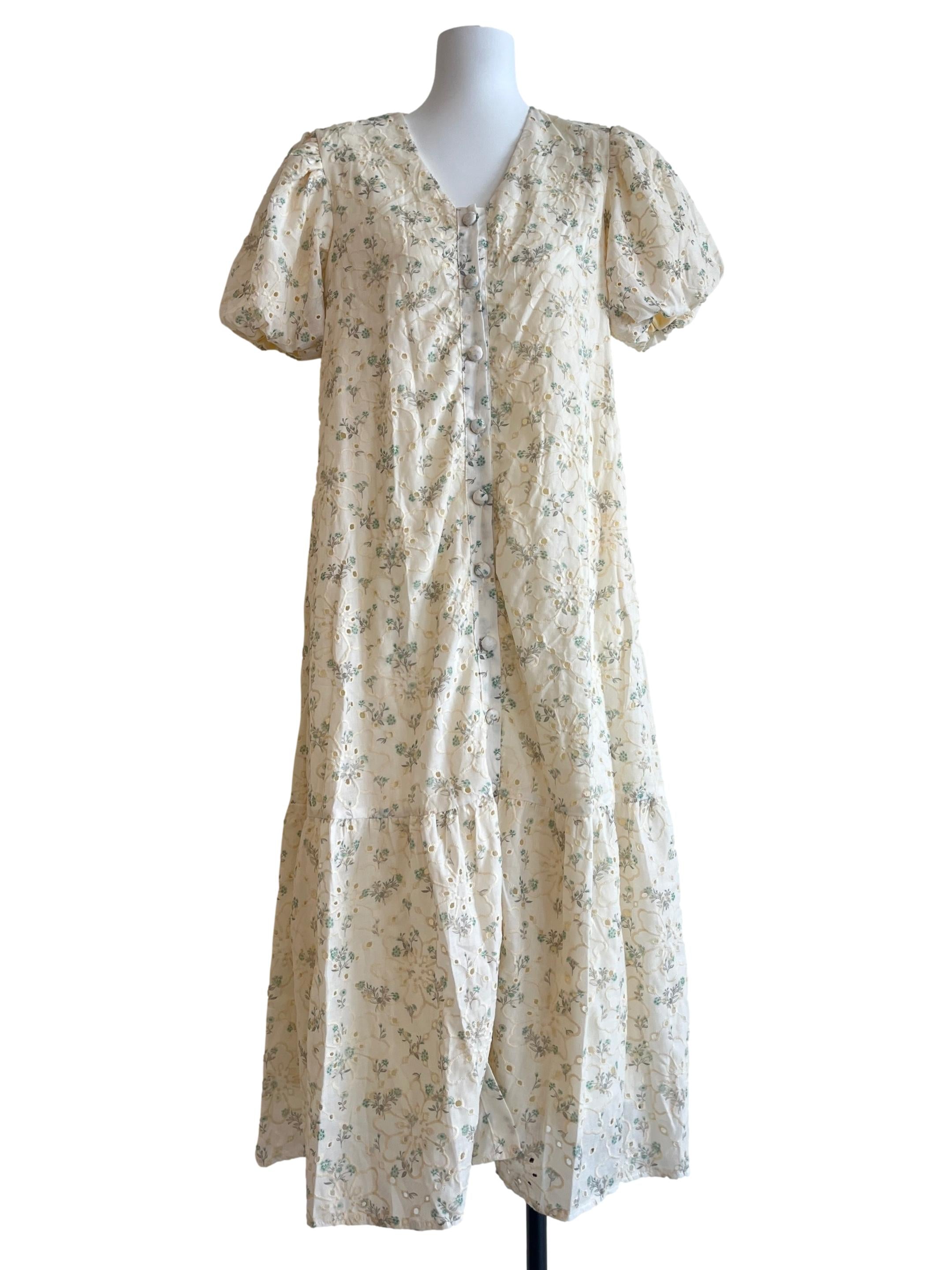 Cream White V-Neck Puff Sleeve Dropwaist Dress