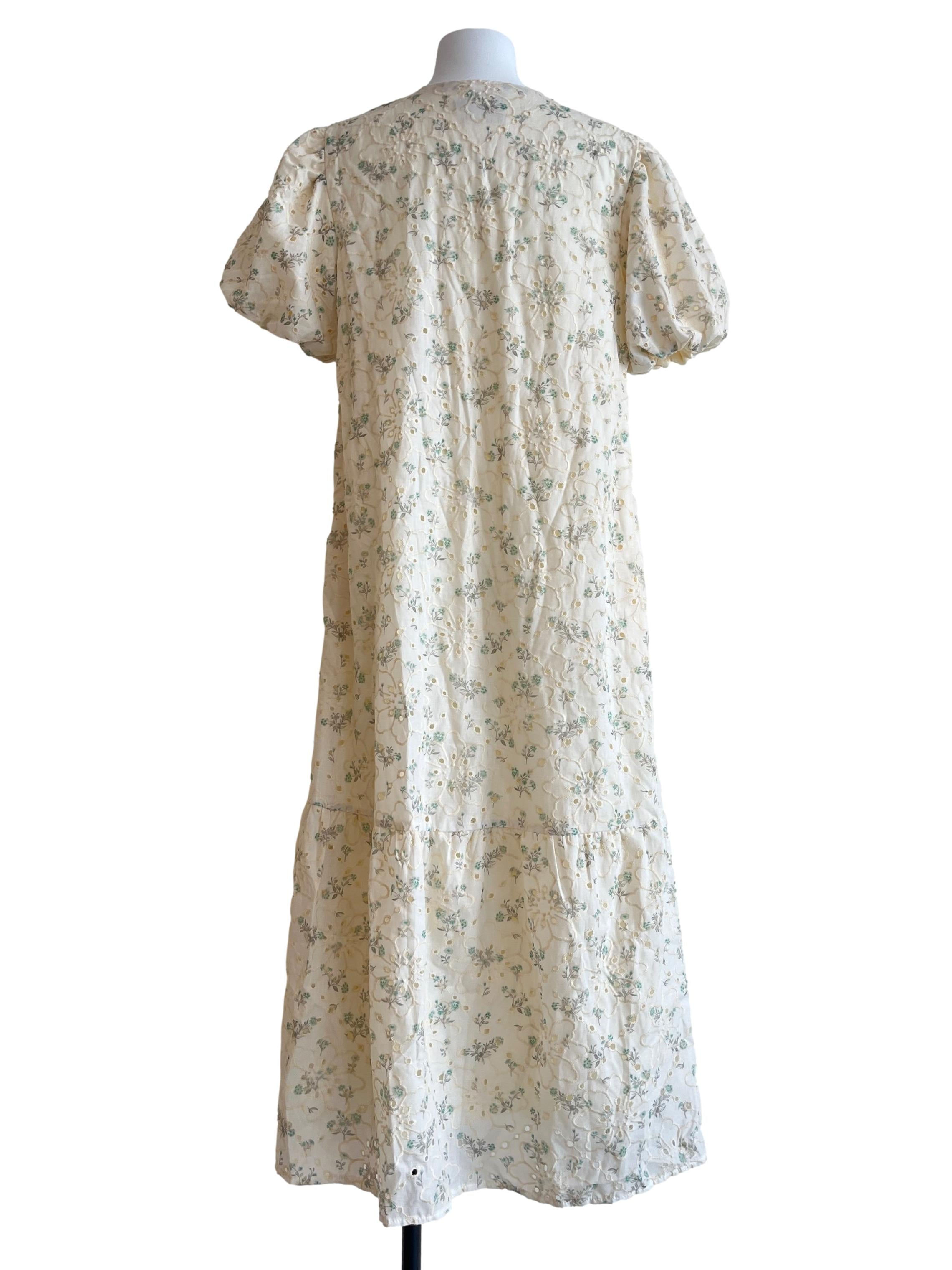 Cream White V-Neck Puff Sleeve Dropwaist Dress