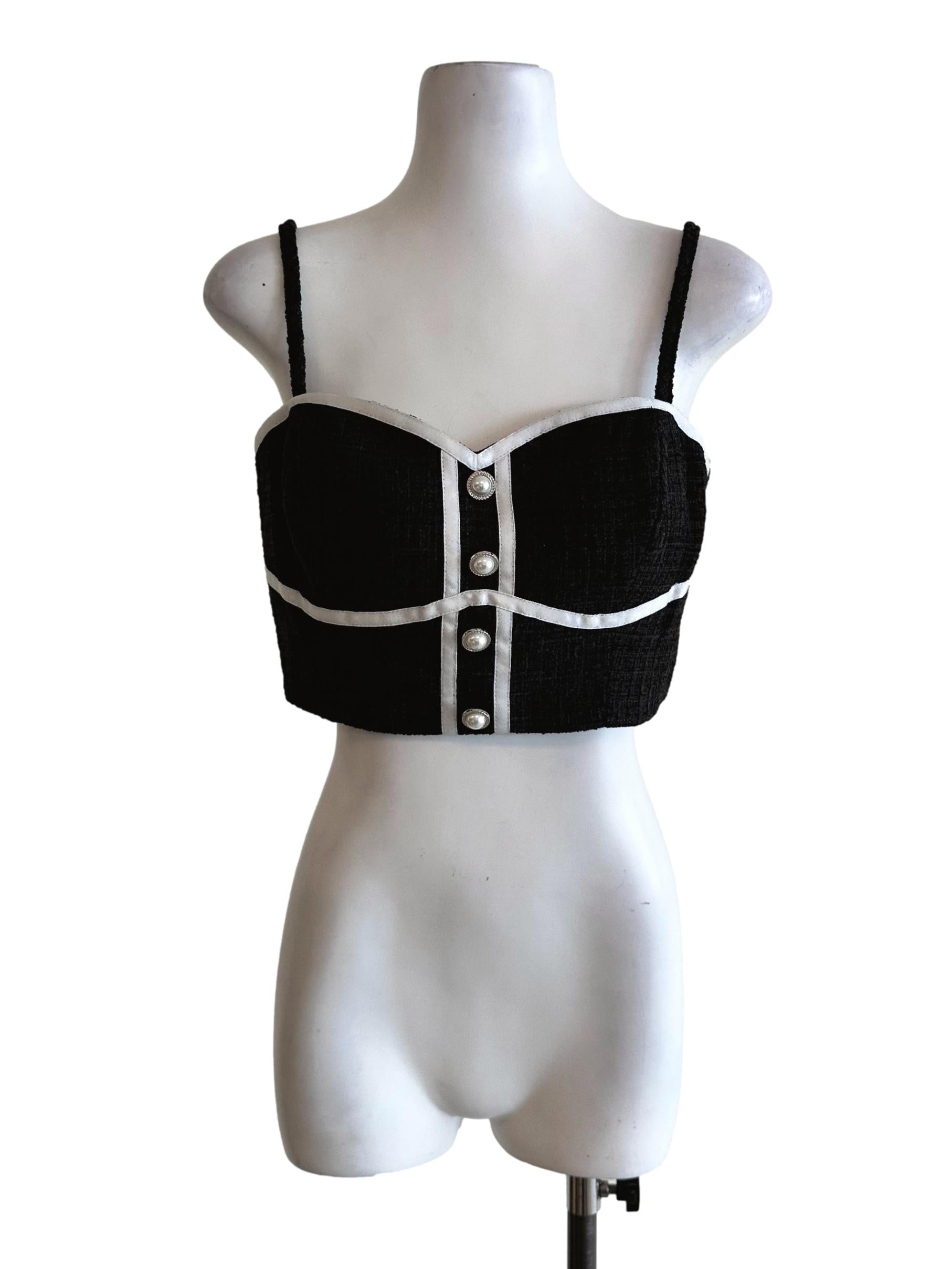 Black Padded Tweed Pattern Top
