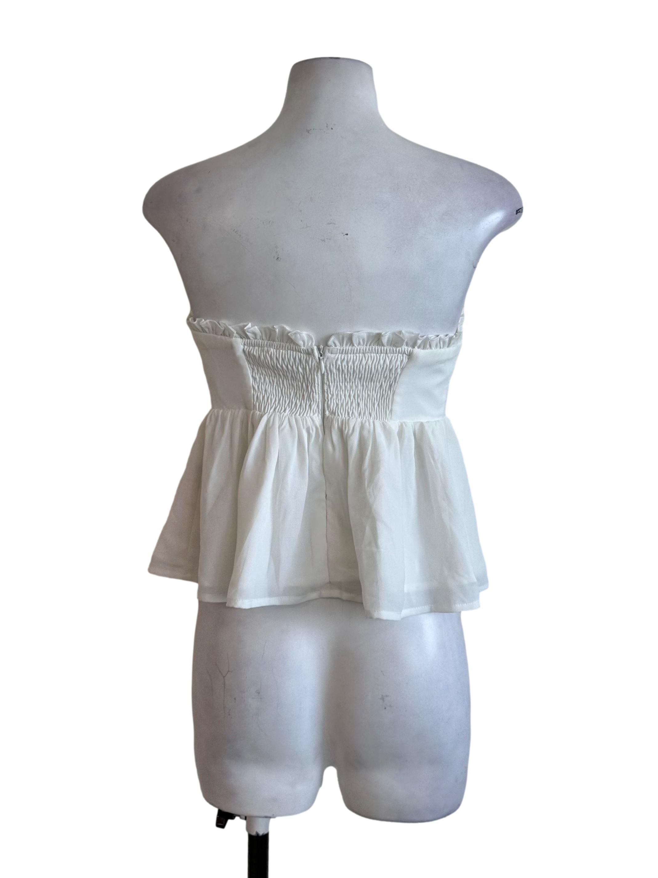 Pearl White Ribbon Ruffle Peplum Tube Top