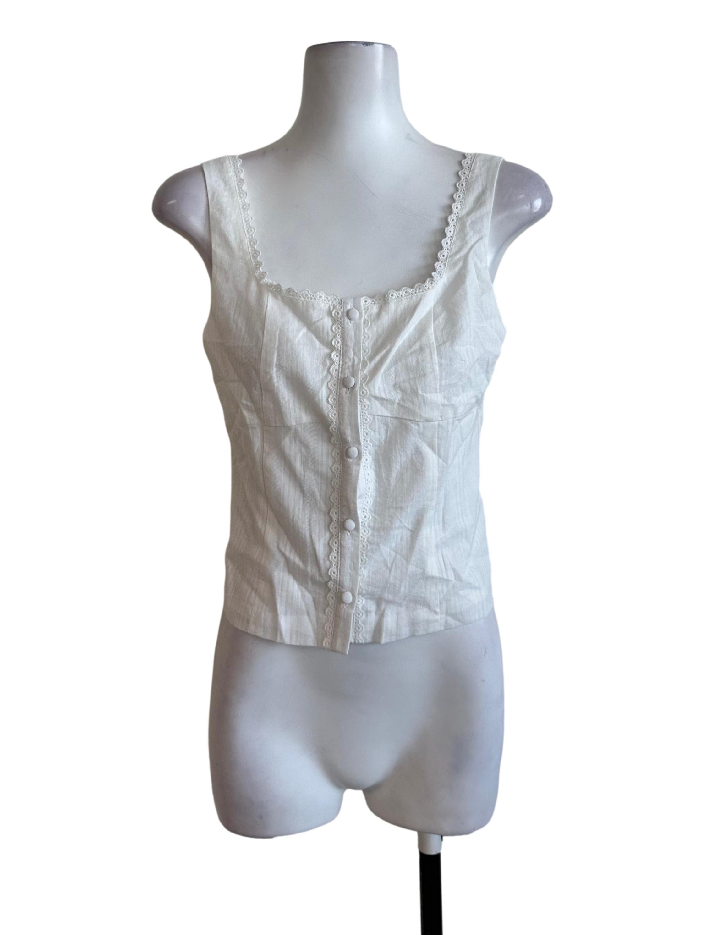 Off White Crochet Border Stripe Button Top