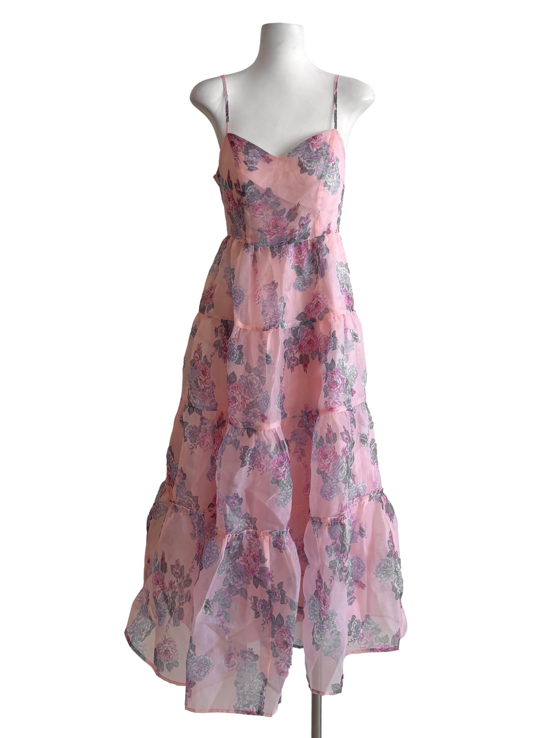 Peach Pink Floral Tiered Parchment Dress