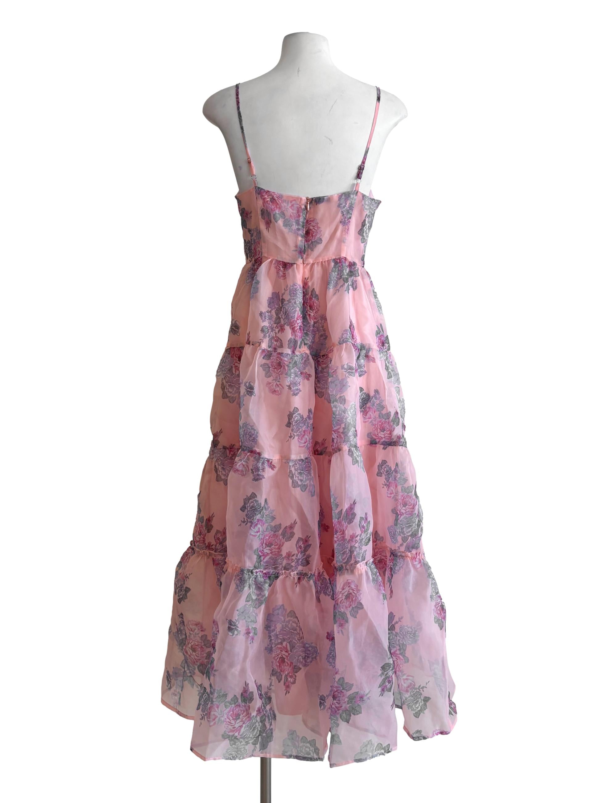 Peach Pink Floral Tiered Parchment Dress