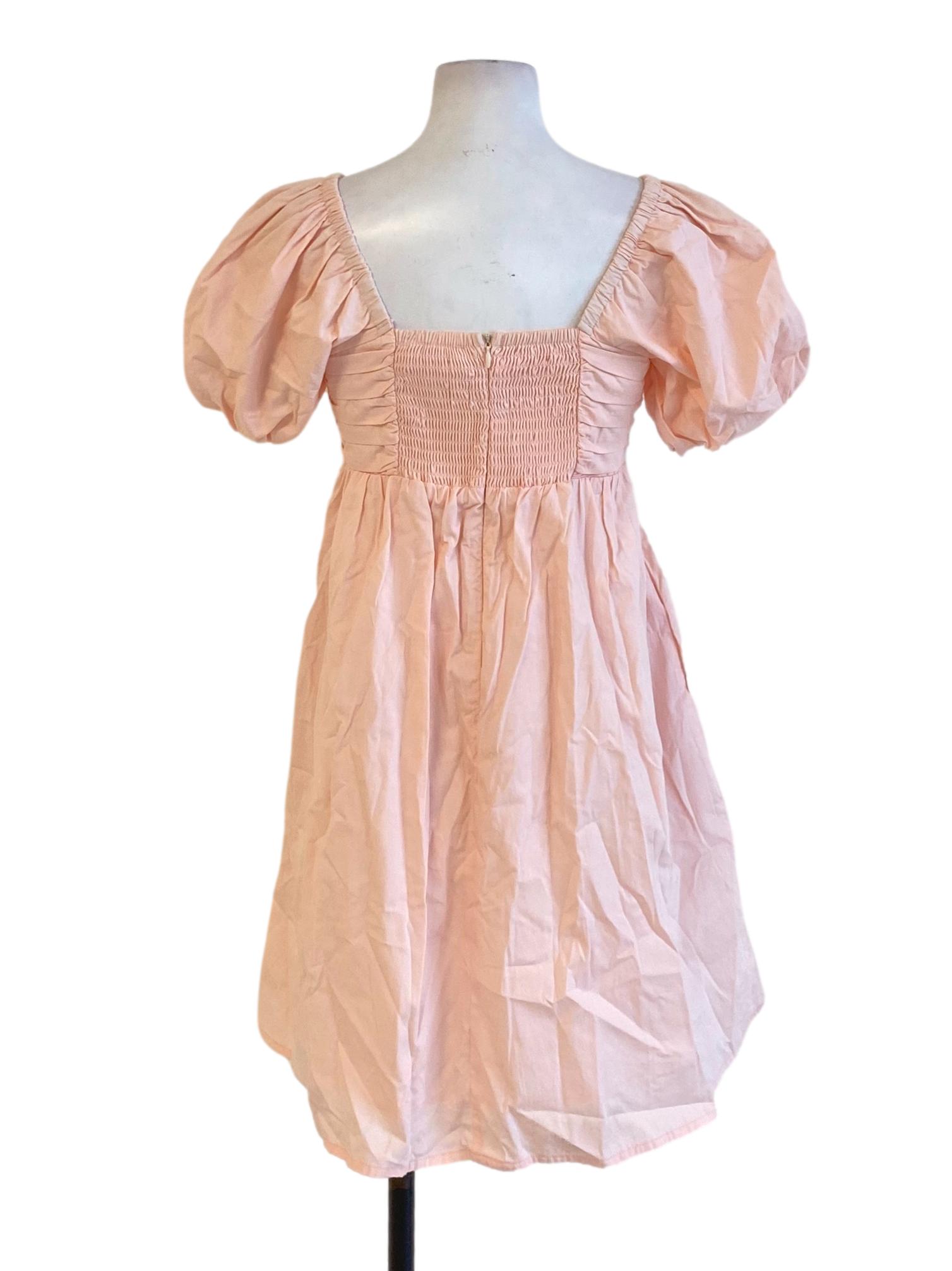Light Peach Pink Square Neck Pleated Bust Peasant A-Line Dress TCL