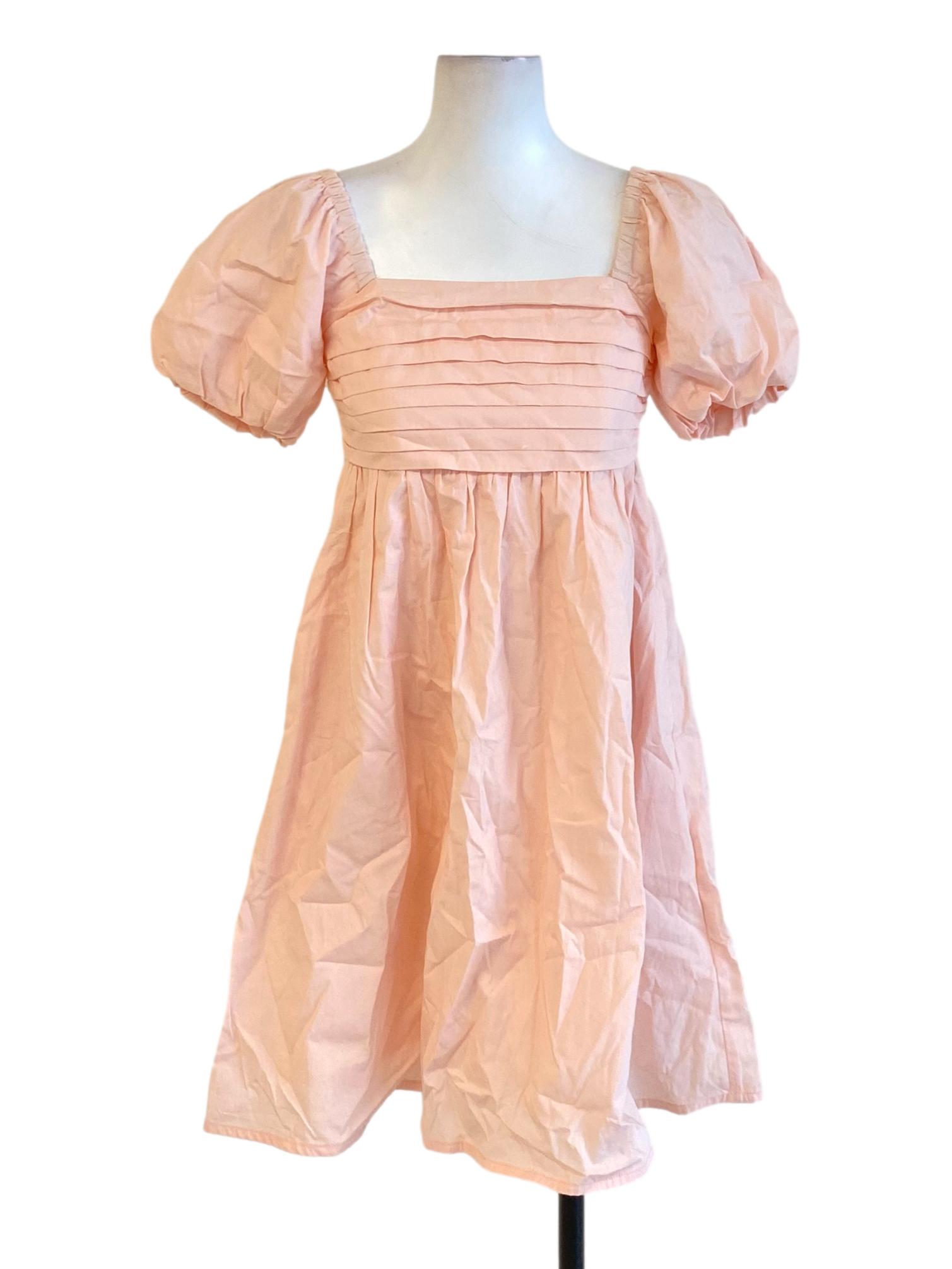 Light Peach Pink Square Neck Pleated Bust Peasant A-Line Dress TCL