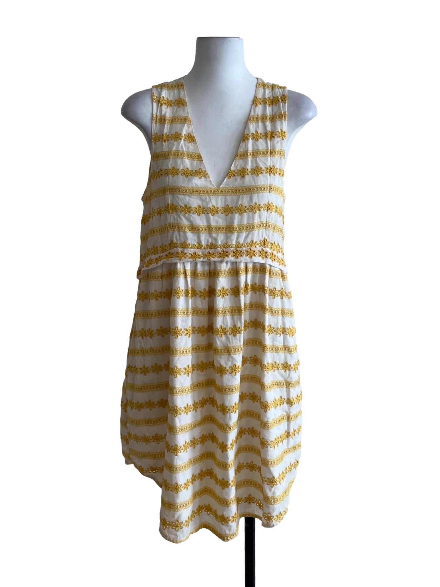 White And Yellow Pattern V-Neckline Dress