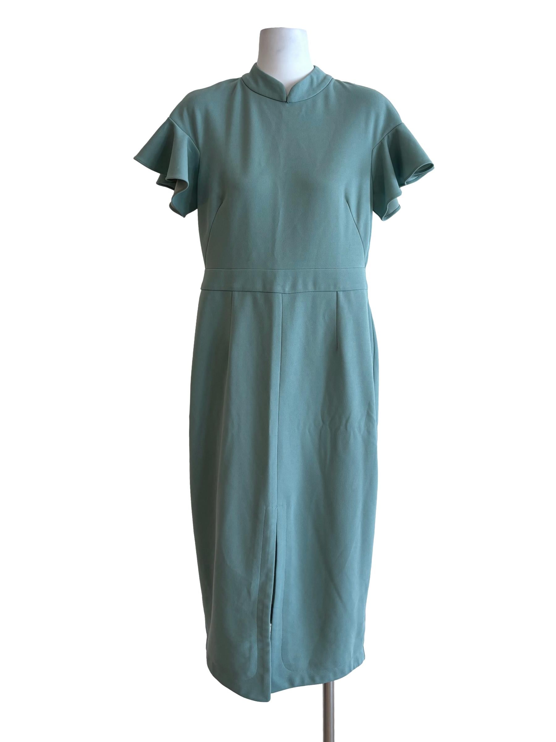 Seafoam Green Ruffle Sleeve Front Slit Dress