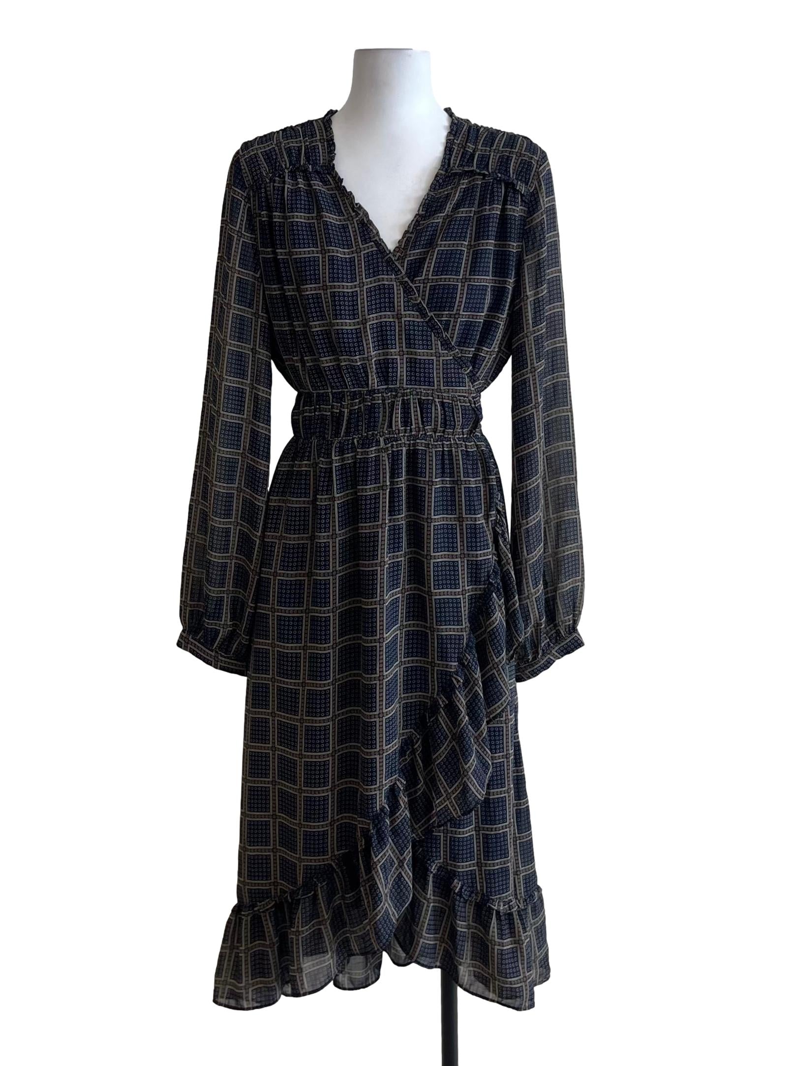 Navy Blue Checkered Wrap Dress