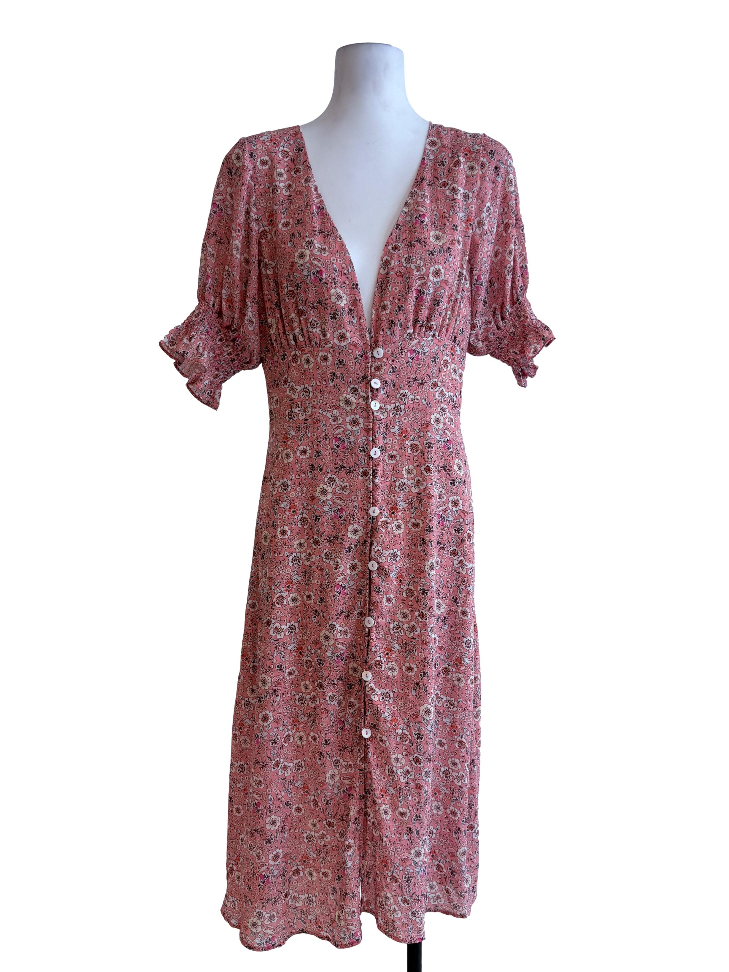 Floral Coral Pink V Neck Dress