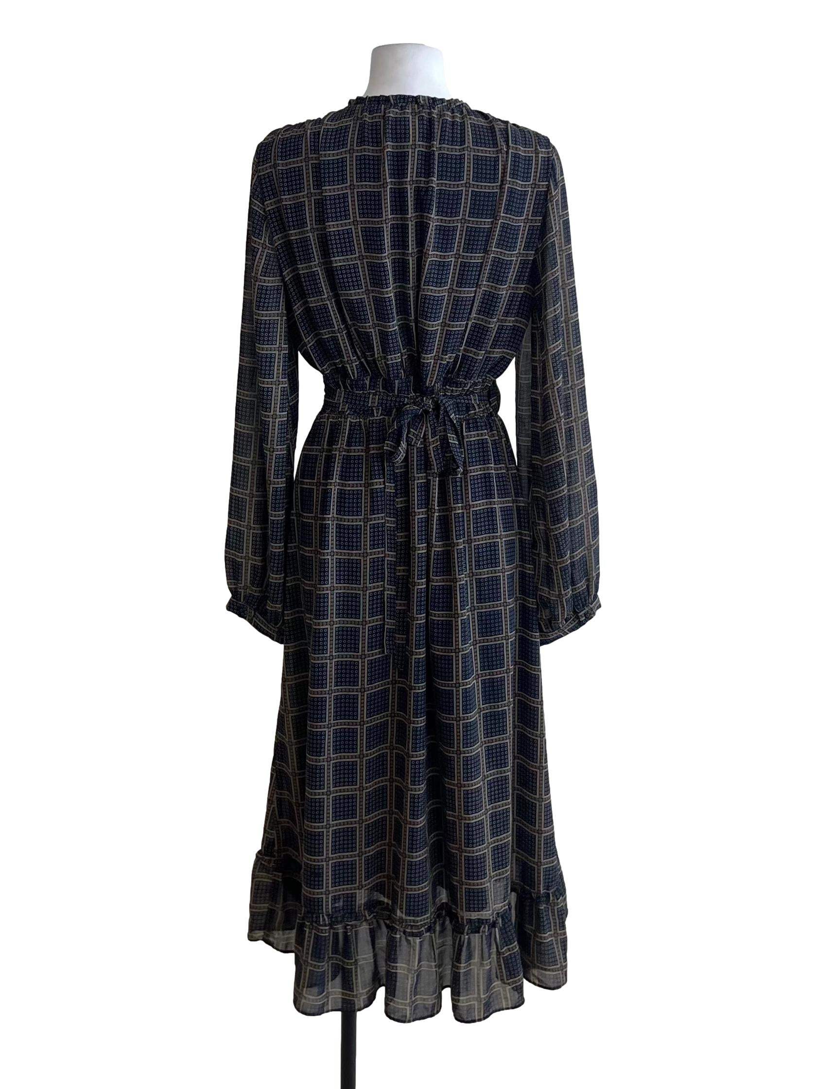 Navy Blue Checkered Wrap Dress