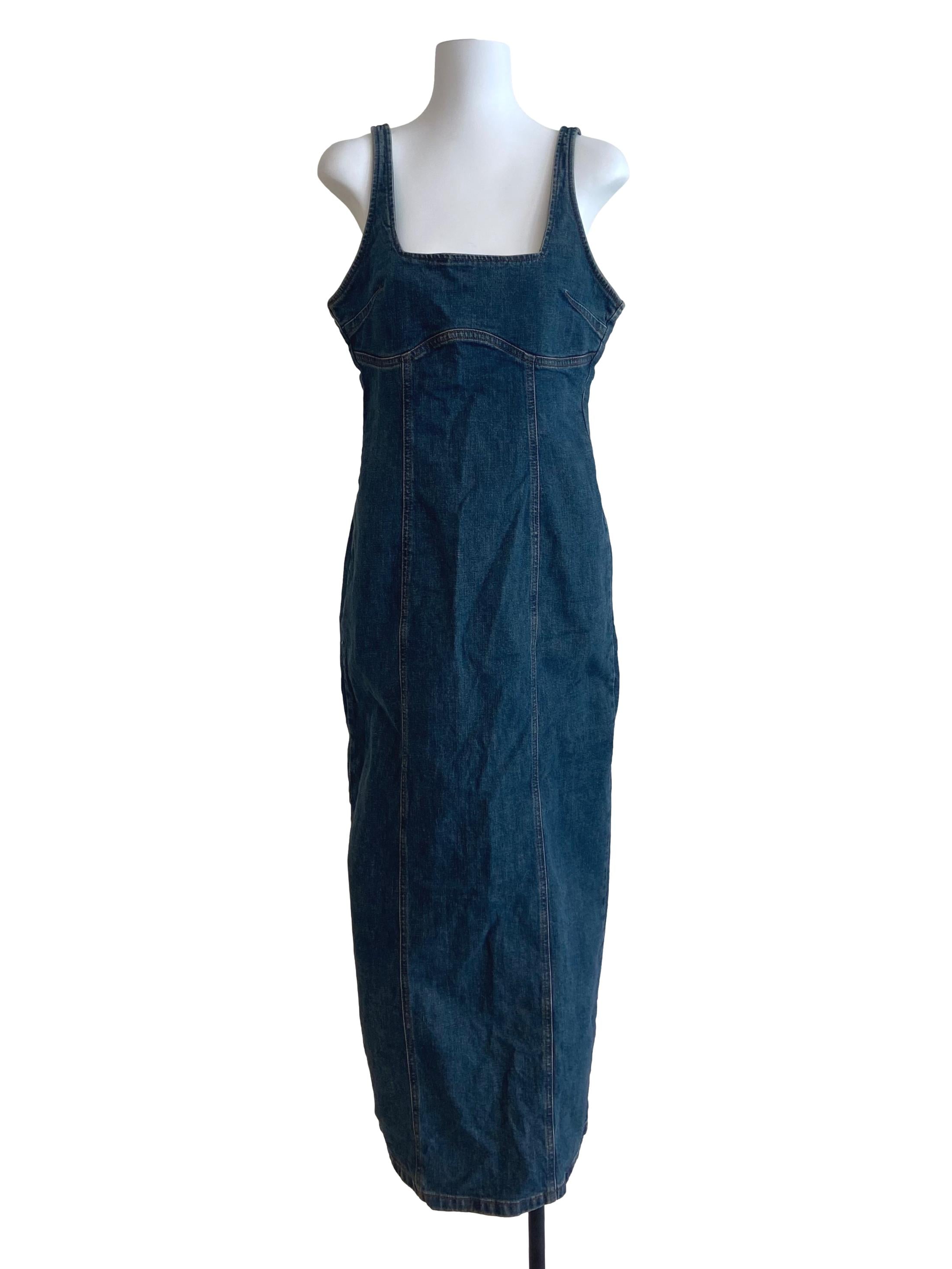 Blue Herringbone Sleeveless Apron Denim Dress