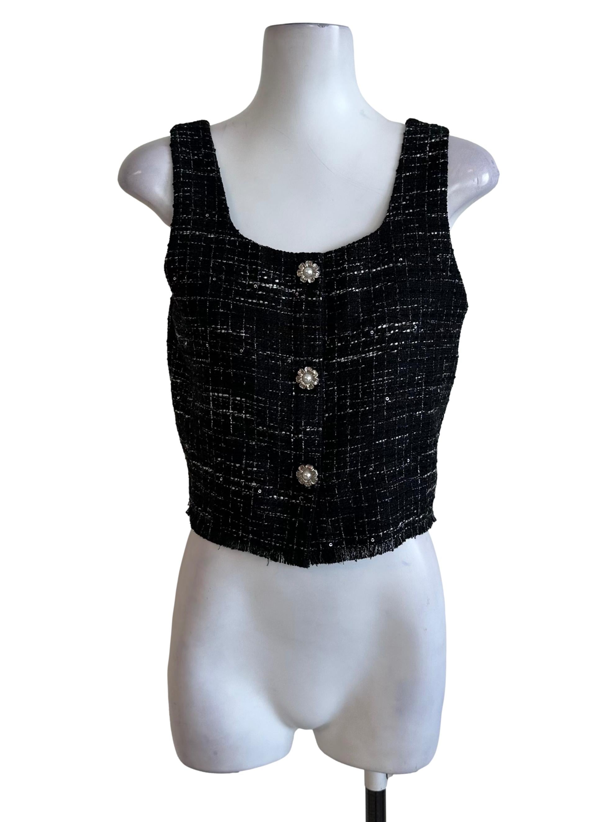 Midnight Black Tweed Textured Button Top