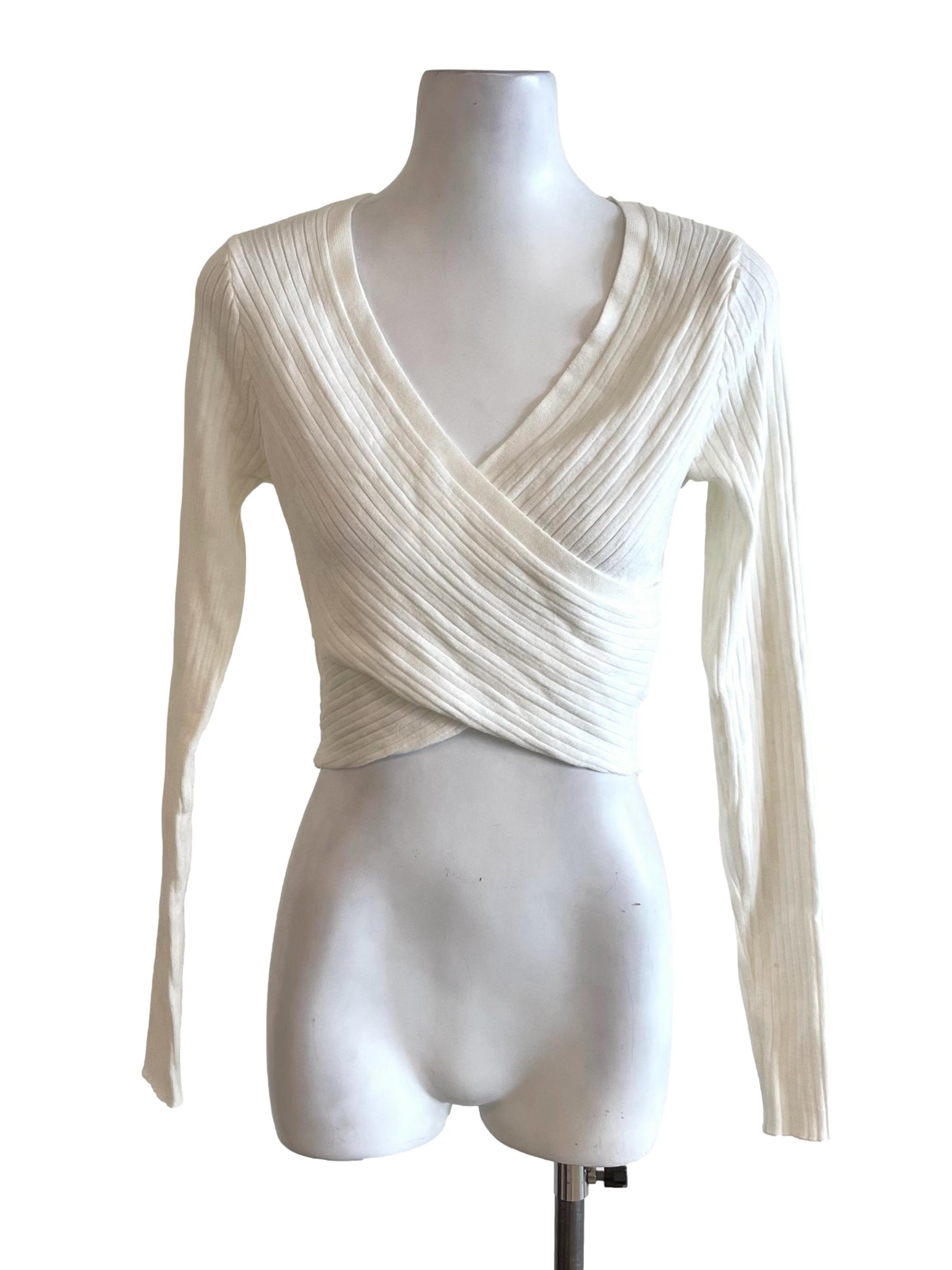 White Ribbed Crossed Knit Top