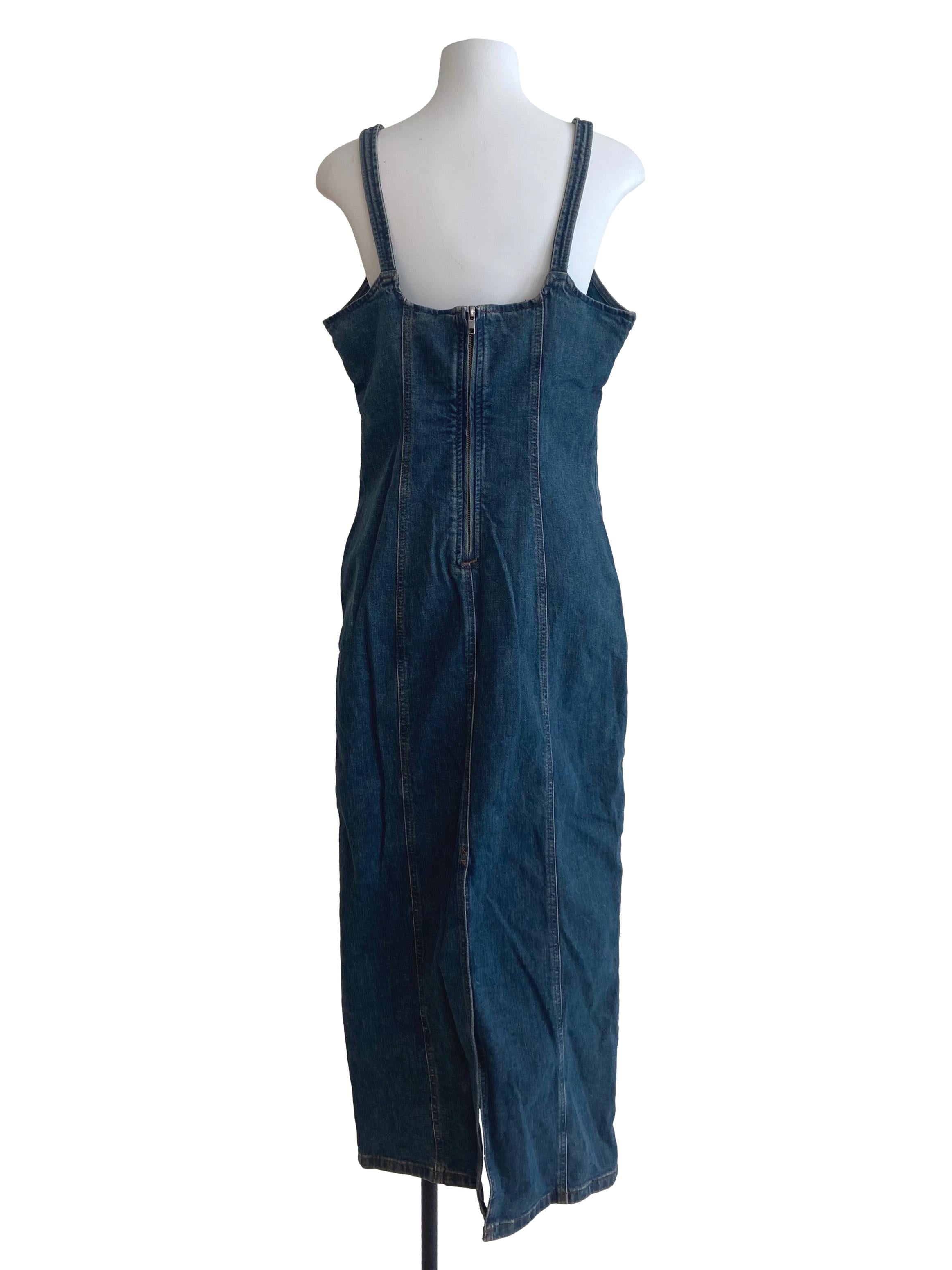 Blue Herringbone Sleeveless Apron Denim Dress