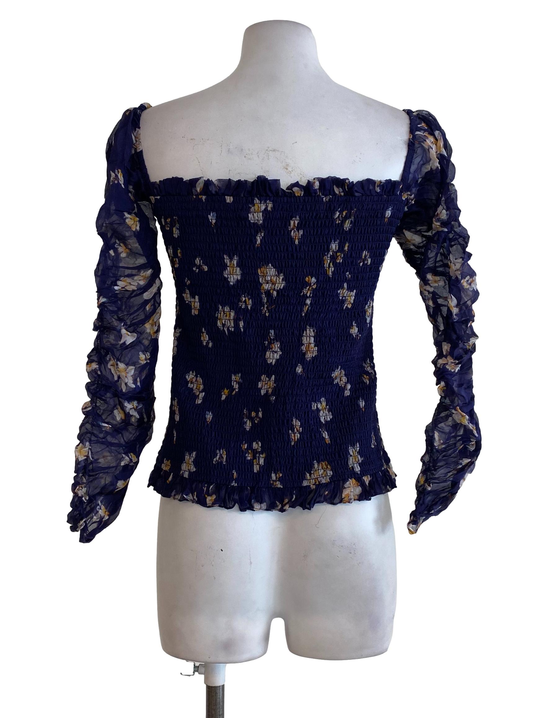 Navy Blue Floral Pleated Top