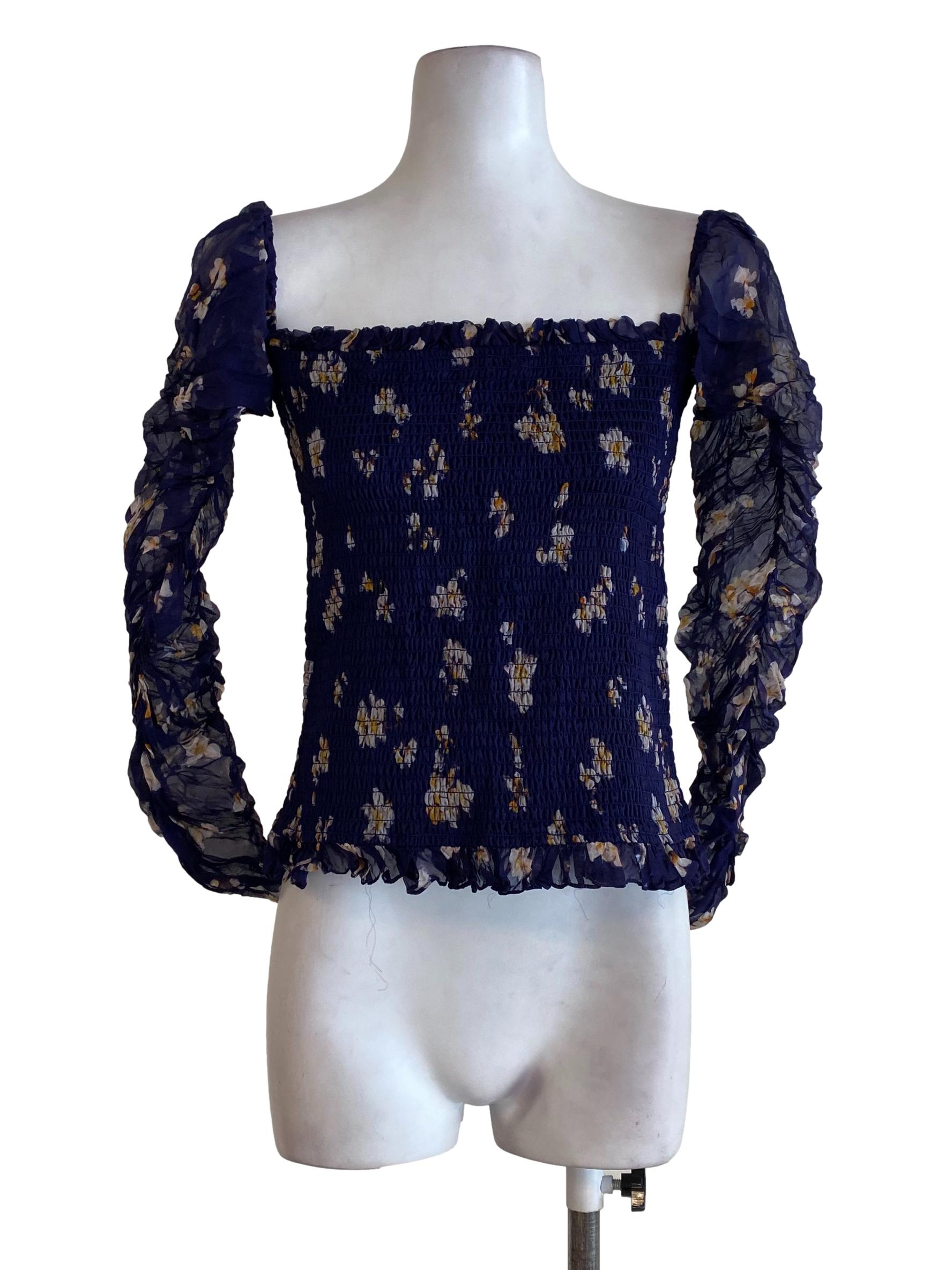 Navy Blue Floral Pleated Top