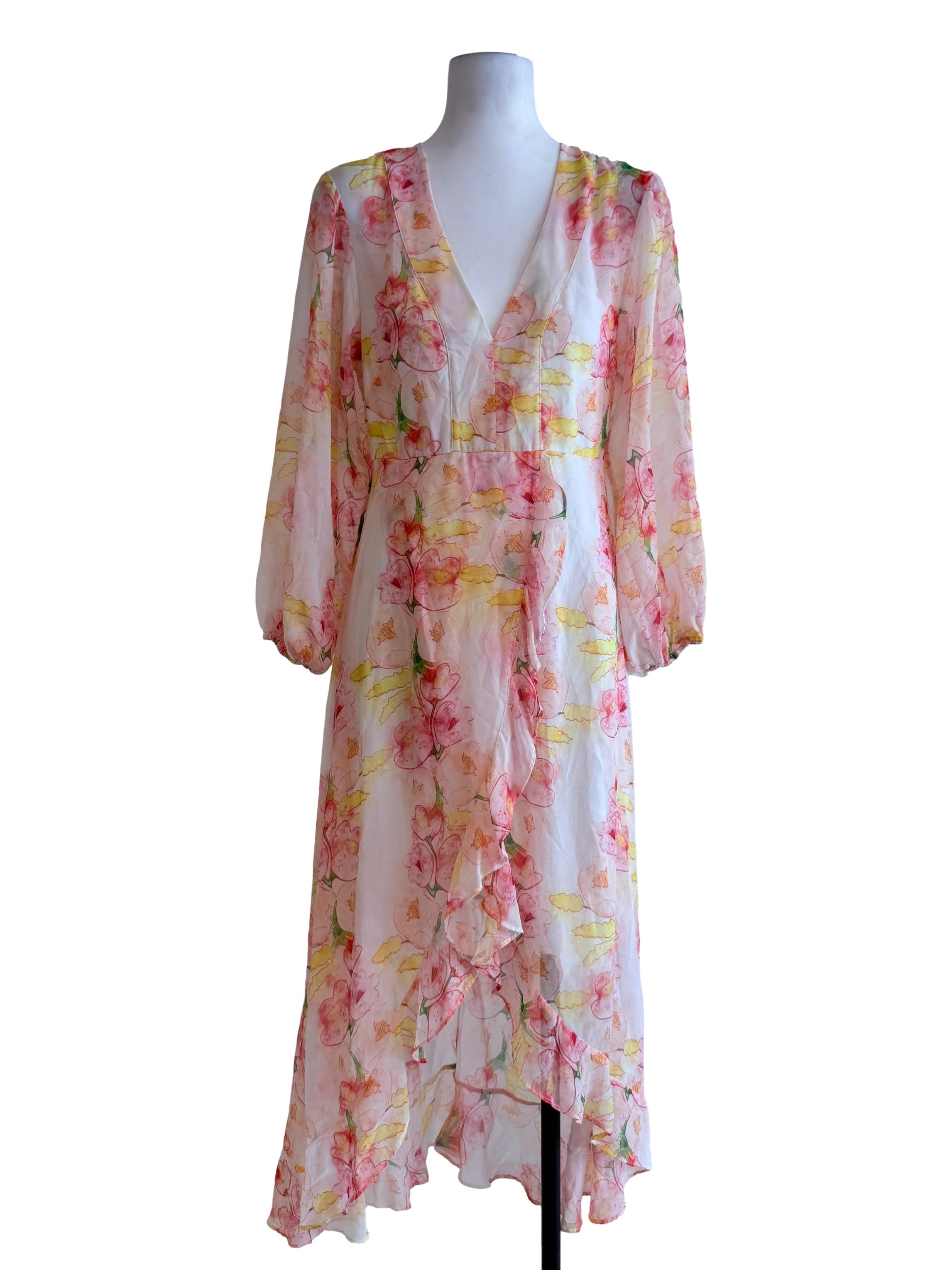 Floral Pink Yellow Sheer Maxi Dress