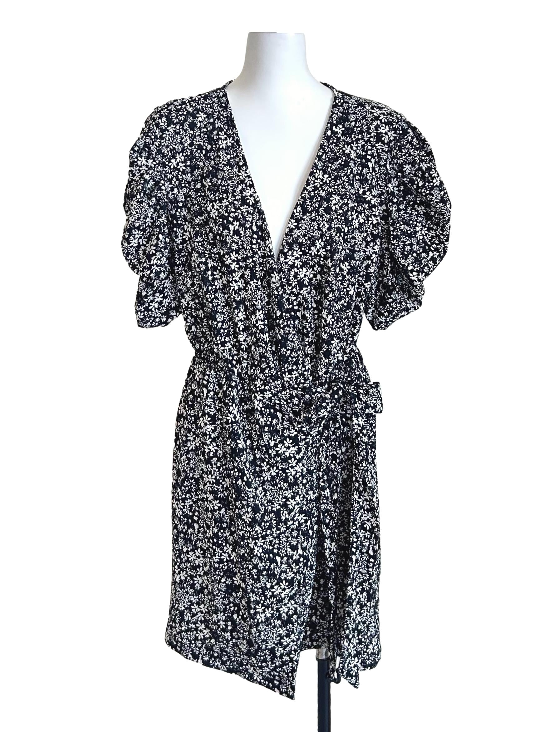 Black White Floral Wrap Dress